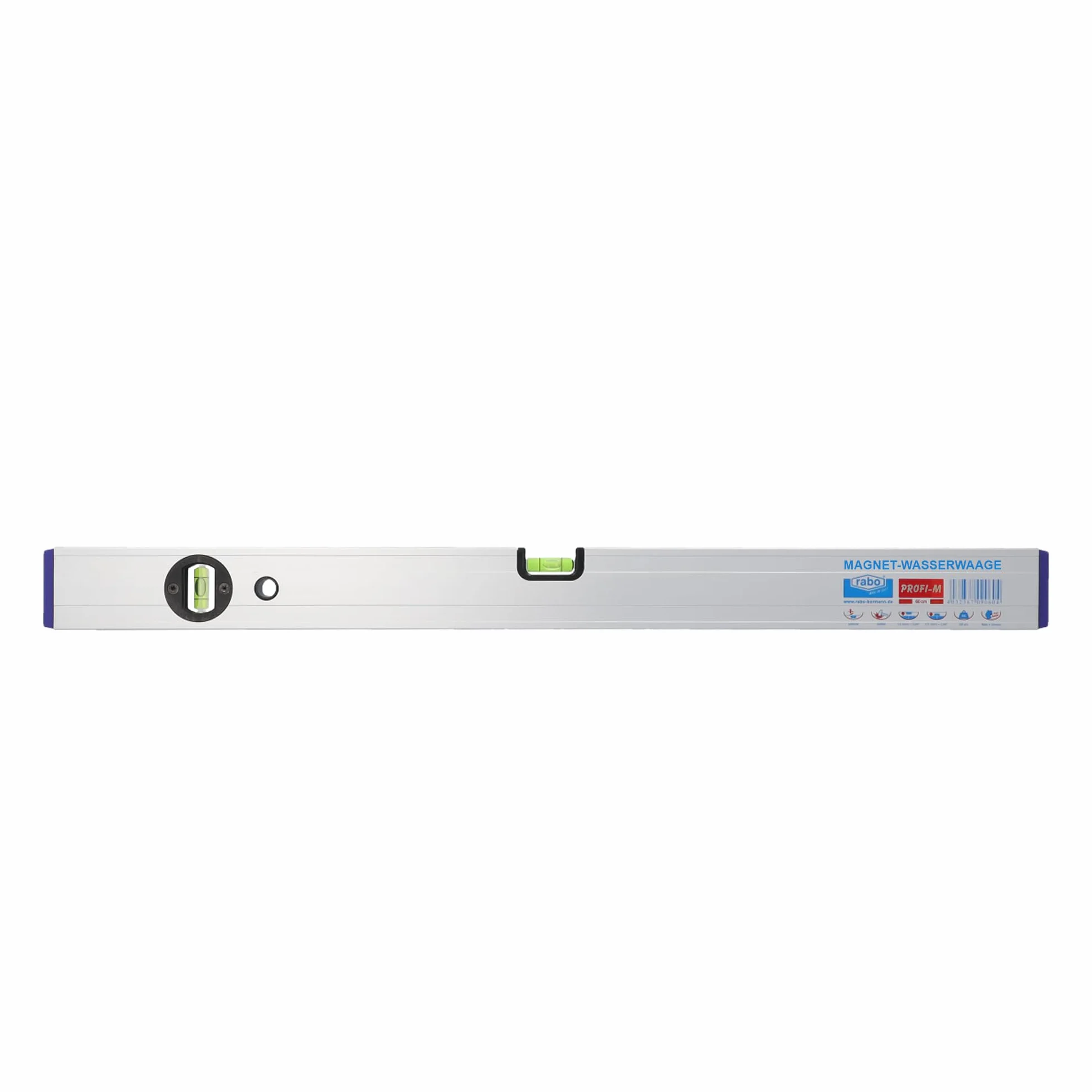 rabo Aluminiowa poziomica magnetyczna "Profi-M" regulowana, odporna na uderzenia, naturalna anodowana, dokładność pomiaru 0,5 mm/m, waga 630 g/m, długość 120 cm