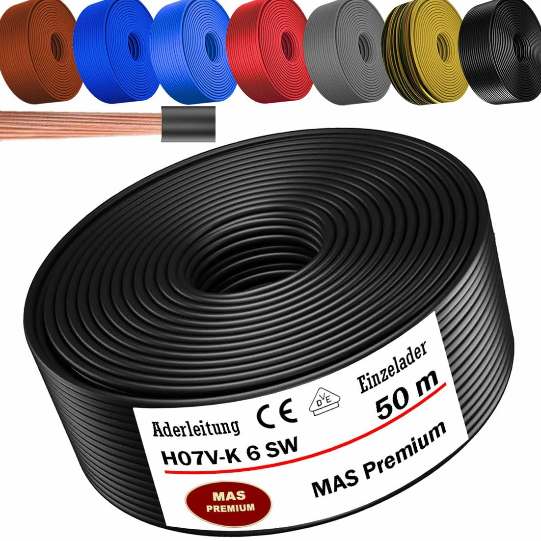 MAS Premium Przewód żyłowy od 5 do 100 m H07 V-K 6 mm², czarny, brązowy, ciemnoniebieski, zielono-żółty, szary, czerwony lub jasnoniebieski, elastyczny (czarny, 50 m)