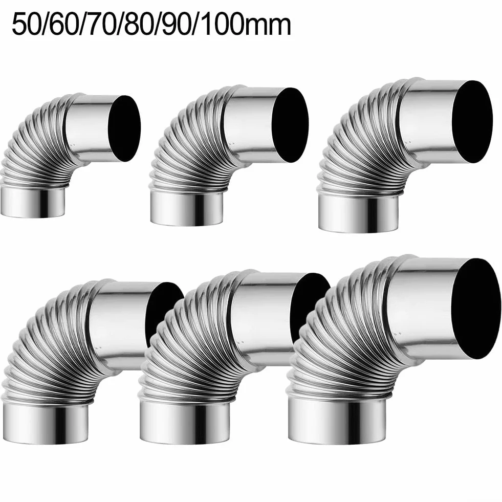 FUBESK Kolanko rurowe 90°, elastyczna rura pieca, komin pieca na drewno ze stali nierdzewnej, Ø 50mm, 60mm, 70mm, 80mm, 90mm, 100mm, żaroodporne kolanko wkładu kominowego zgięcie rury spalinowej (60mm