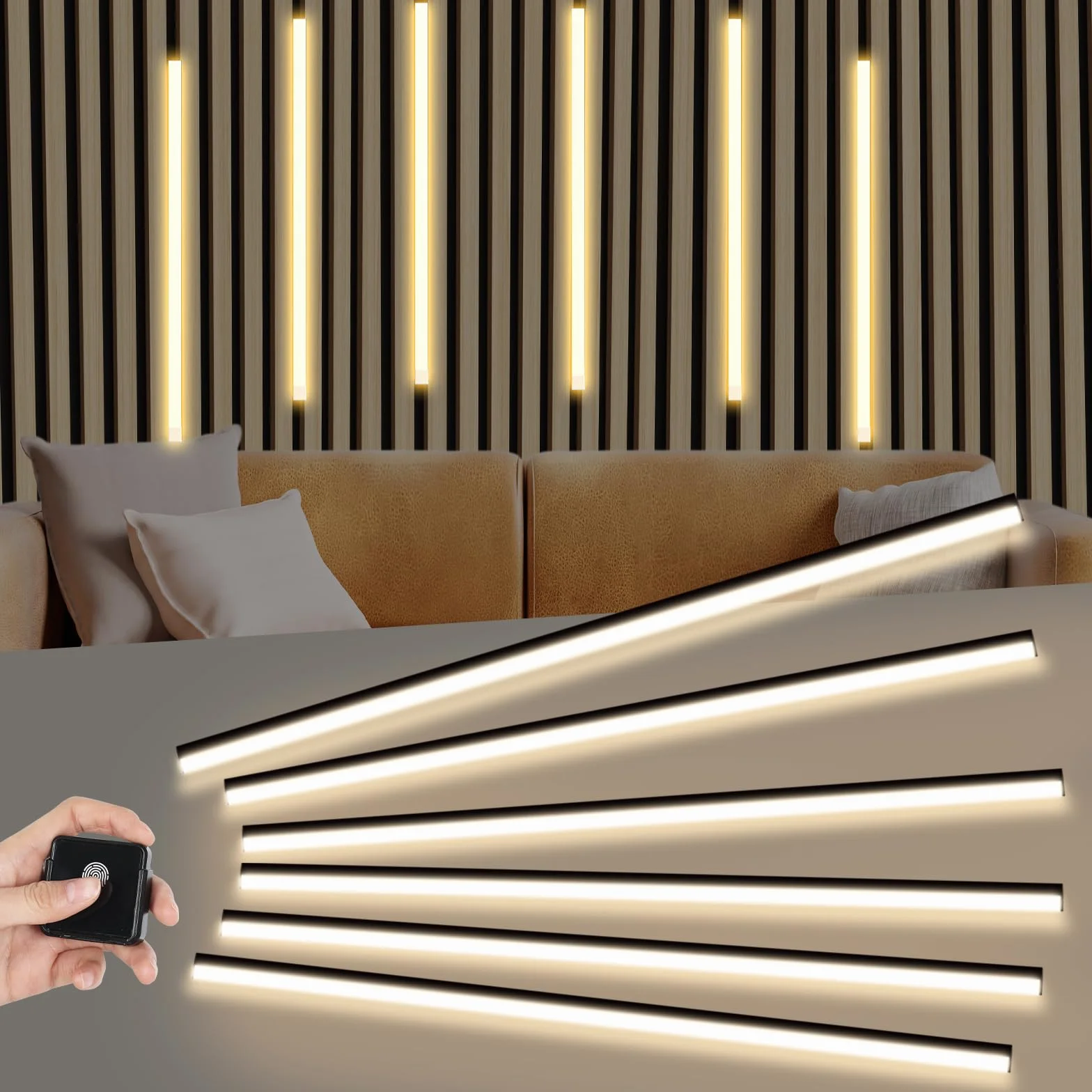 Wbudowane diody LED do paneli akustycznych, 6 sztuk, 100 cm, możliwość ściemniania, ciepła biel, z włącznikiem dotykowym, panele akustyczne LED, równoległe, panele akustyczne, oświetlenie