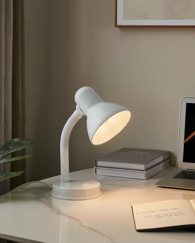 EGLO Lampa stołowa Basic, 1-punktowa lampa stołowa, lampa biurkowa ze stali i tworzywa sztucznego, kolor: biały, oprawa: E27