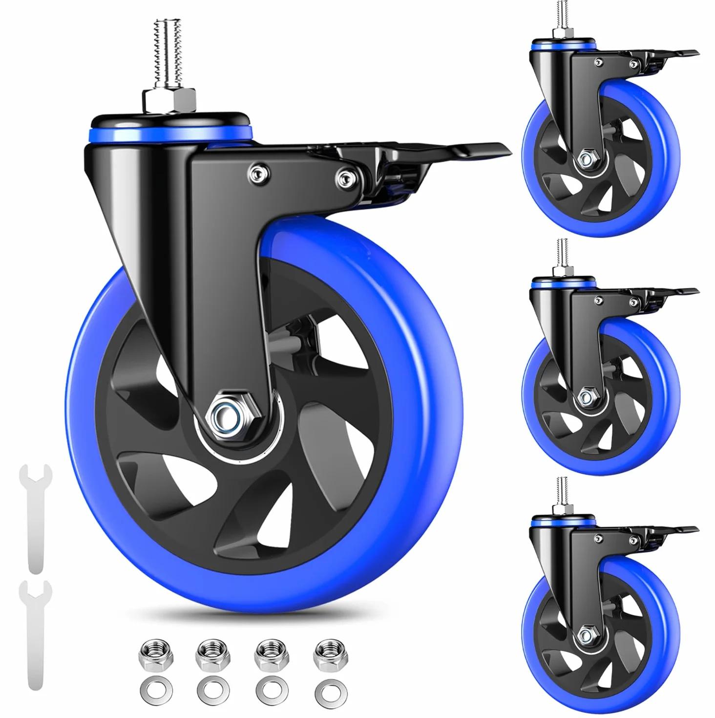 5-calowe kółka jezdne, wytrzymałe, 2200 funtów, kółka z gwintowanym trzpieniem 1/2"-13 x 1 (średnica trzpienia 1/2", długość trzpienia 1"), zestaw 4 kółek obrotowych z blokadą, przemysłowe kółka jez