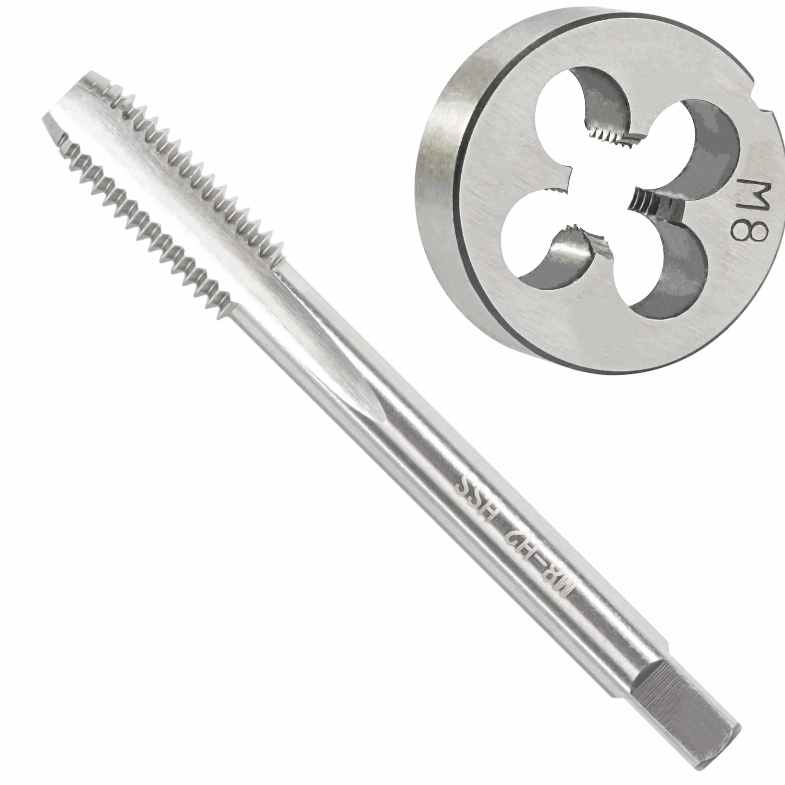 Zestaw gwintowników i narzynek metrycznych M8 x 1,25, gwintownik maszynowy HSS M8 x 1,25 mm i narzynka okrągła ze stali narzędziowej stopowej M8 x 1,25 mm, prawa strona