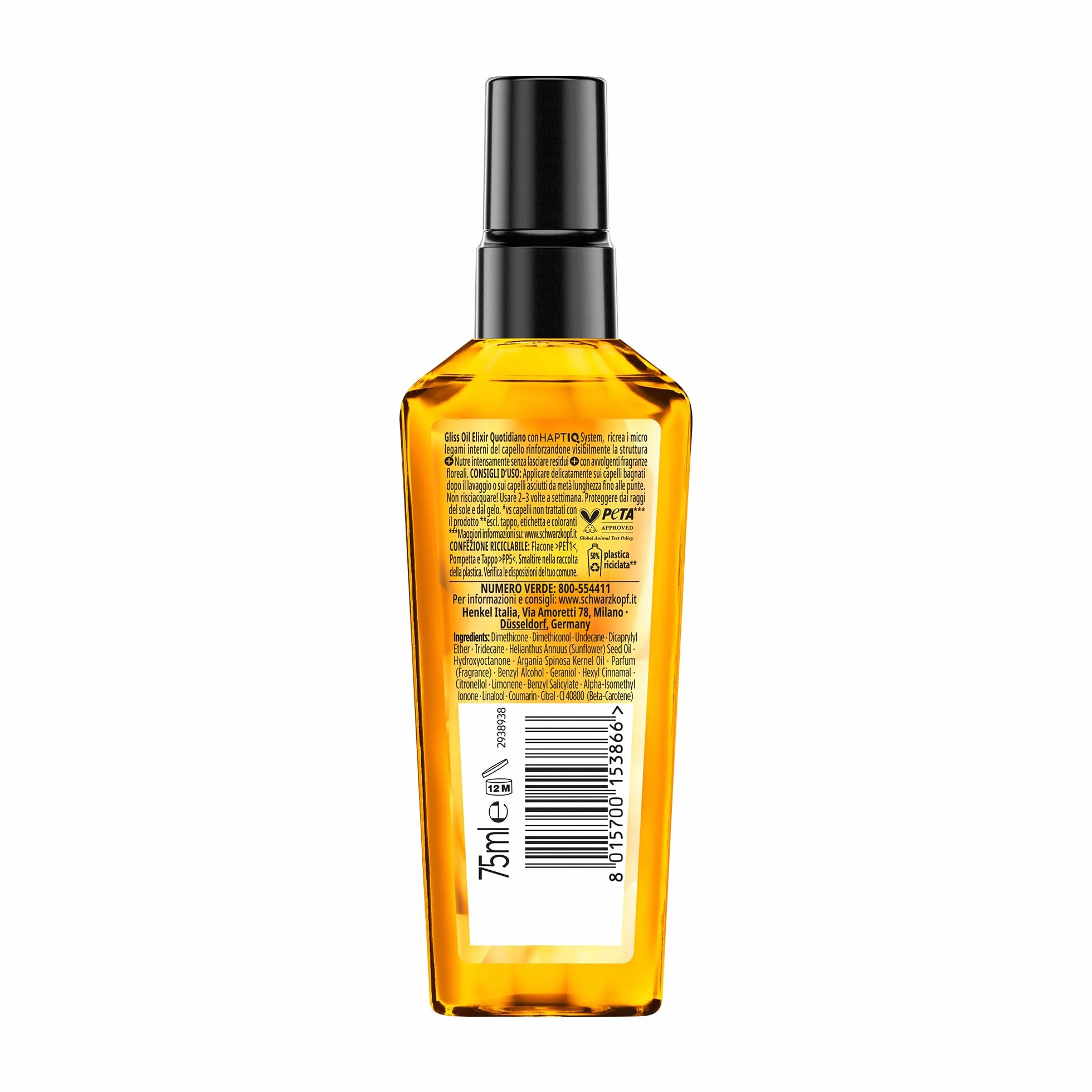Schwarzkopf Gliss Oil Elixir codziennie 75 ml, odżywczy i nawilżający olejek do włosów wzbogacony systemem HAPTIQ, serum do włosów zniszczonych i suchych