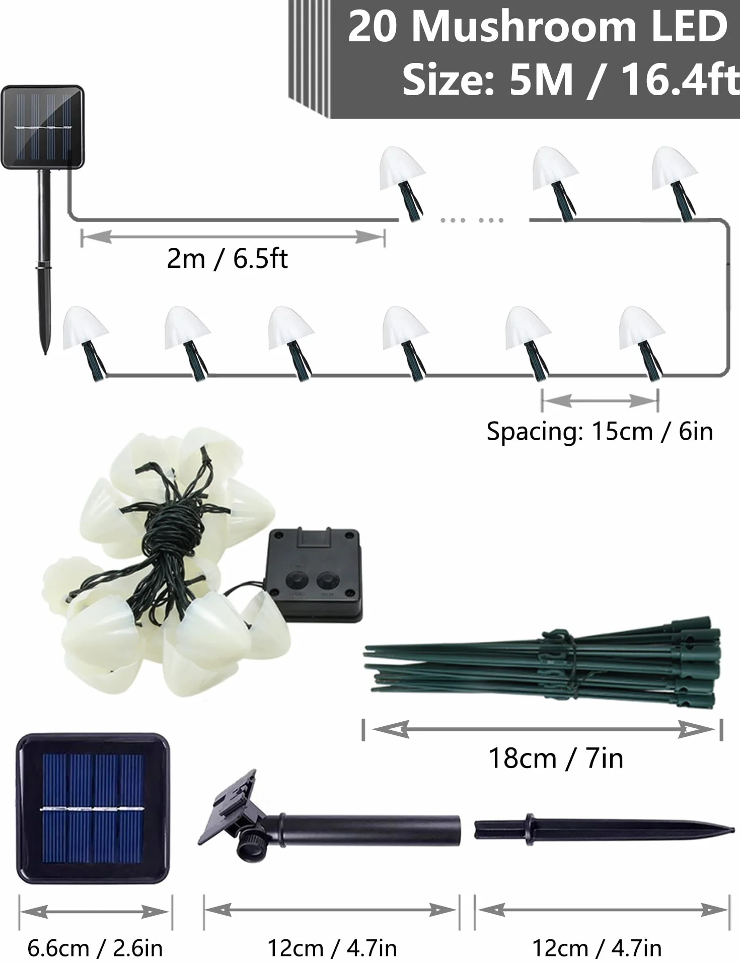 Solarna lampa ogrodowa z 20 diodami LED, z grzybami do użytku na zewnątrz, 5 m, 8 trybów pracy, wodoszczelna, dekoracja na podwórko, chodnik, drogę, wesele, imprezę, choinkę, urodziny, ciepła biel