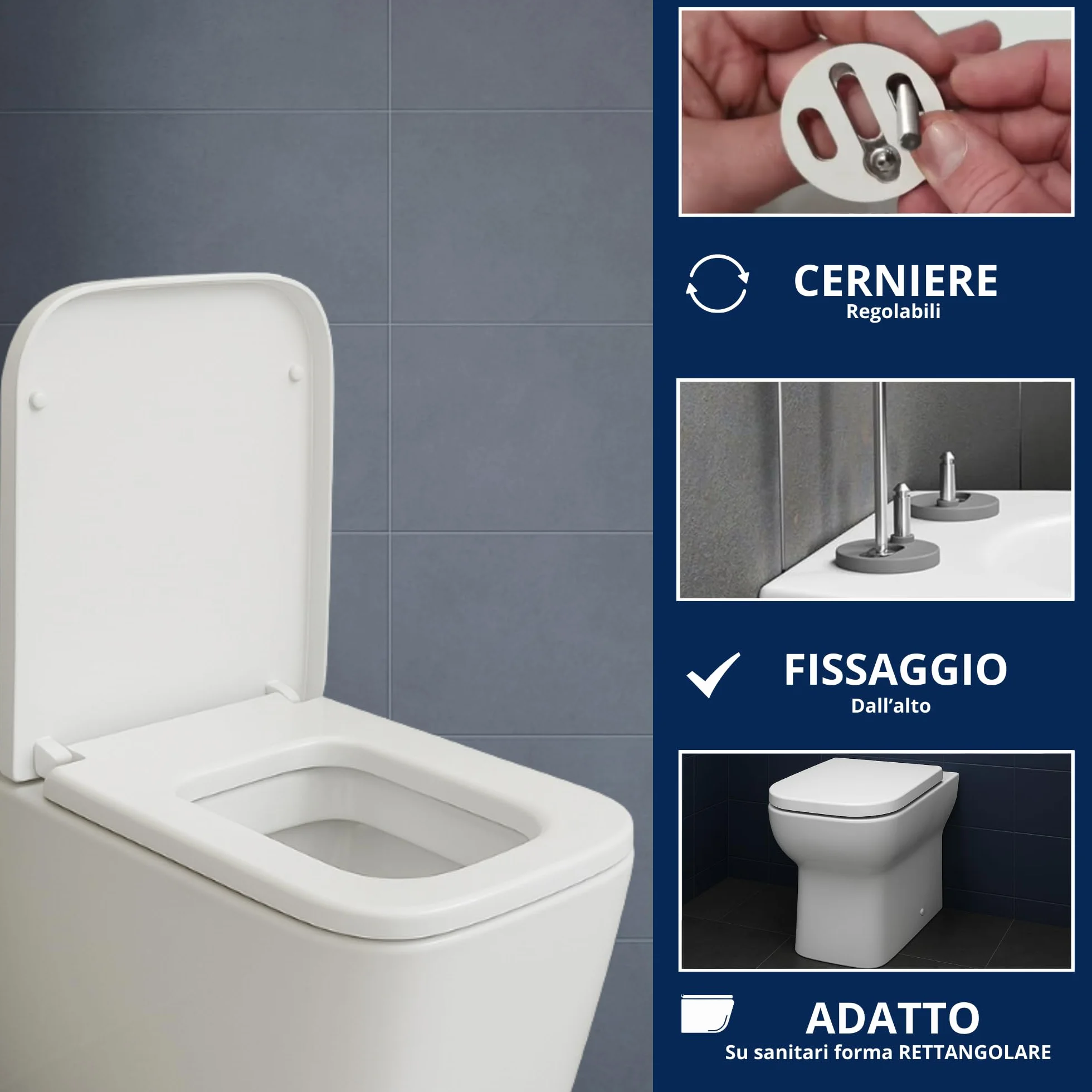 HYDRO HOME Deska sedesowa Prostokątny kształt HH313, pasuje do różnych modeli, termoutwardzalne tworzywo sztuczne zawijane zawiasy, regulowane zamki błyskawiczne, mocowanie od góry, kolor biały
