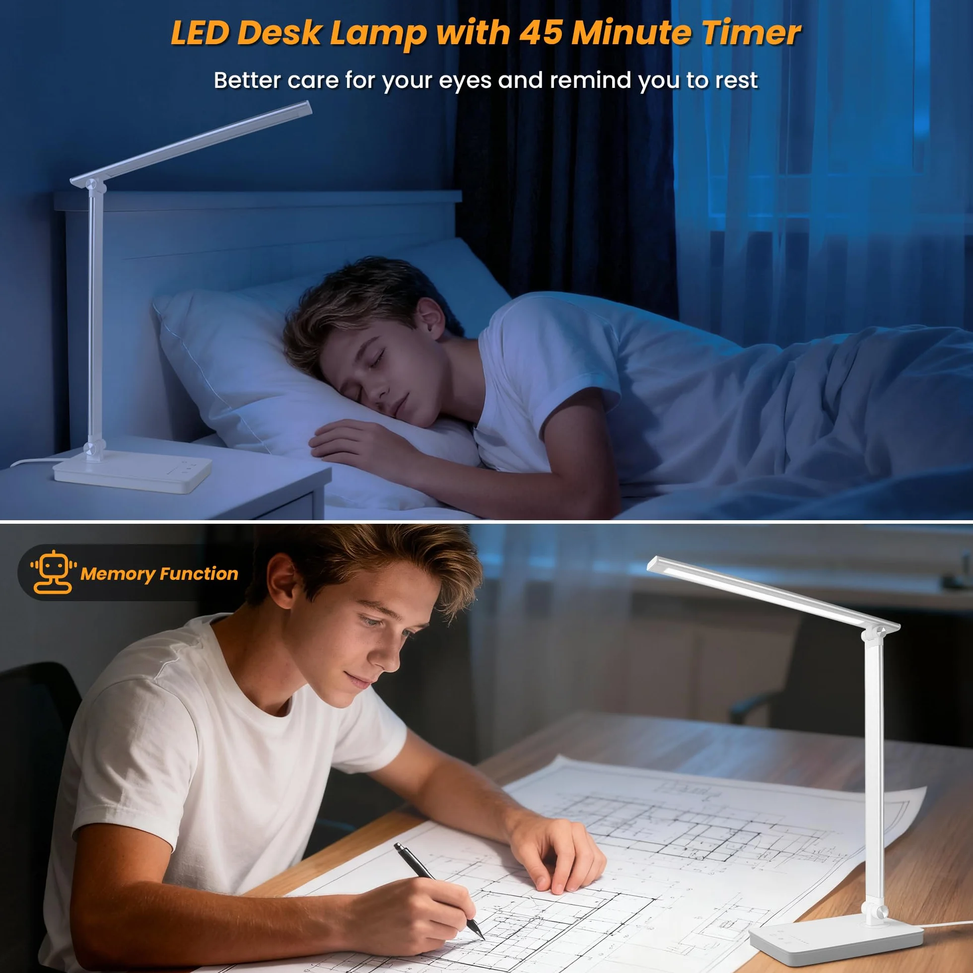 Akynite Lampa biurkowa LED z możliwością przyciemniania ochrona oczu z portem ładowania USB adapter 2 A w zestawie lampka do czytania, 5 kolorów i 5 jasności, dotykowa lampa stołowa dla dzieci