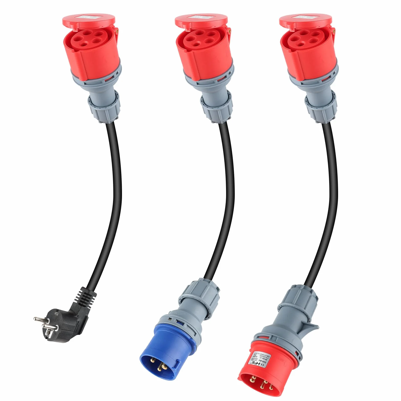 3 x CEE adapter wtyczka Schuko, zestaw adapterów CEE 16A 5-biegunowy do CEE czerwony 32 A/CEE niebieski 16 A/230 V gniazdo gospodarstwa domowego, 3 x 2,5 mm² H07RN-F 16 A adapter sieciowy wtyczka