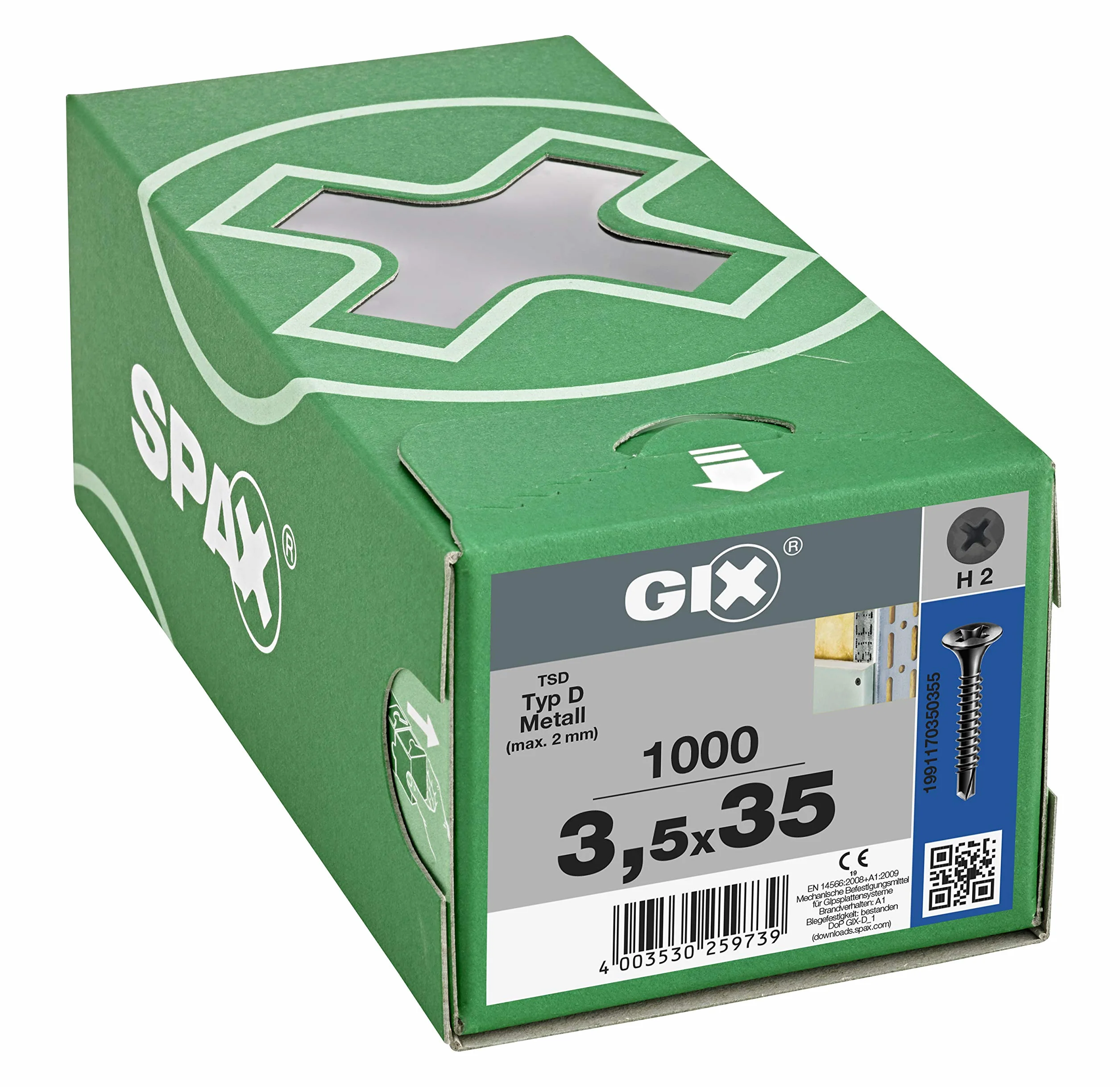 SPAX GIX-D wkręty do szybkiego montażu 3,5 x 35 mm, pełny gwint, 1000 sztuk, końcówka wiertnicza, rowek krzyżowy H2, łeb trąbkowy, śruby do suchego montażu do wzmocnionych profili metalowych – 1991170350355