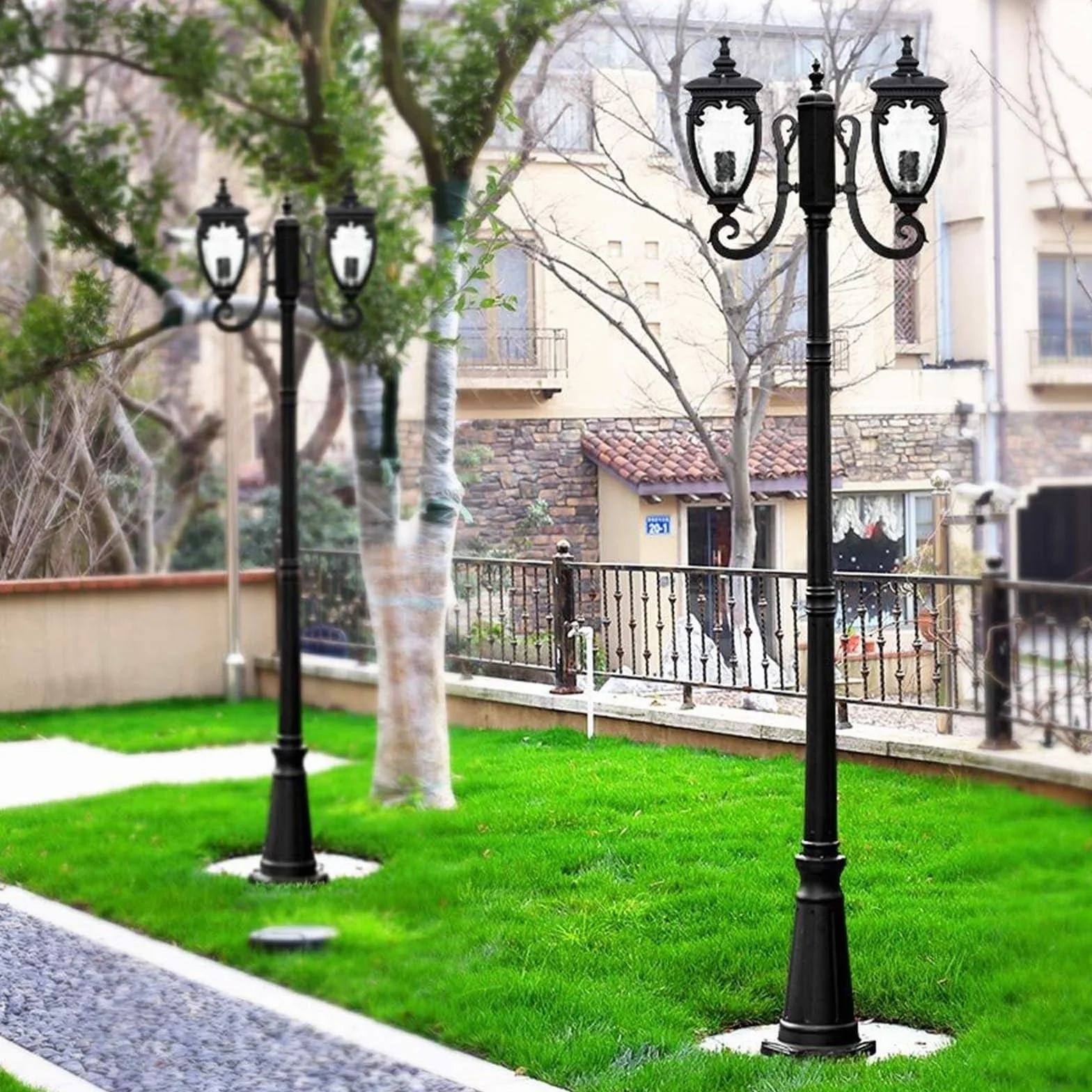 Lampy Solarne Na Słupku, Zewnętrzne Lampy Na Słupku, 2-Punktowe Lampy Zewnętrzne Na Słupku, Wodoodporna Lampa Uliczna Ip56, Antykorozyjna, Aluminiowa, Wysoka Lampa N,One Color-Height 290cm