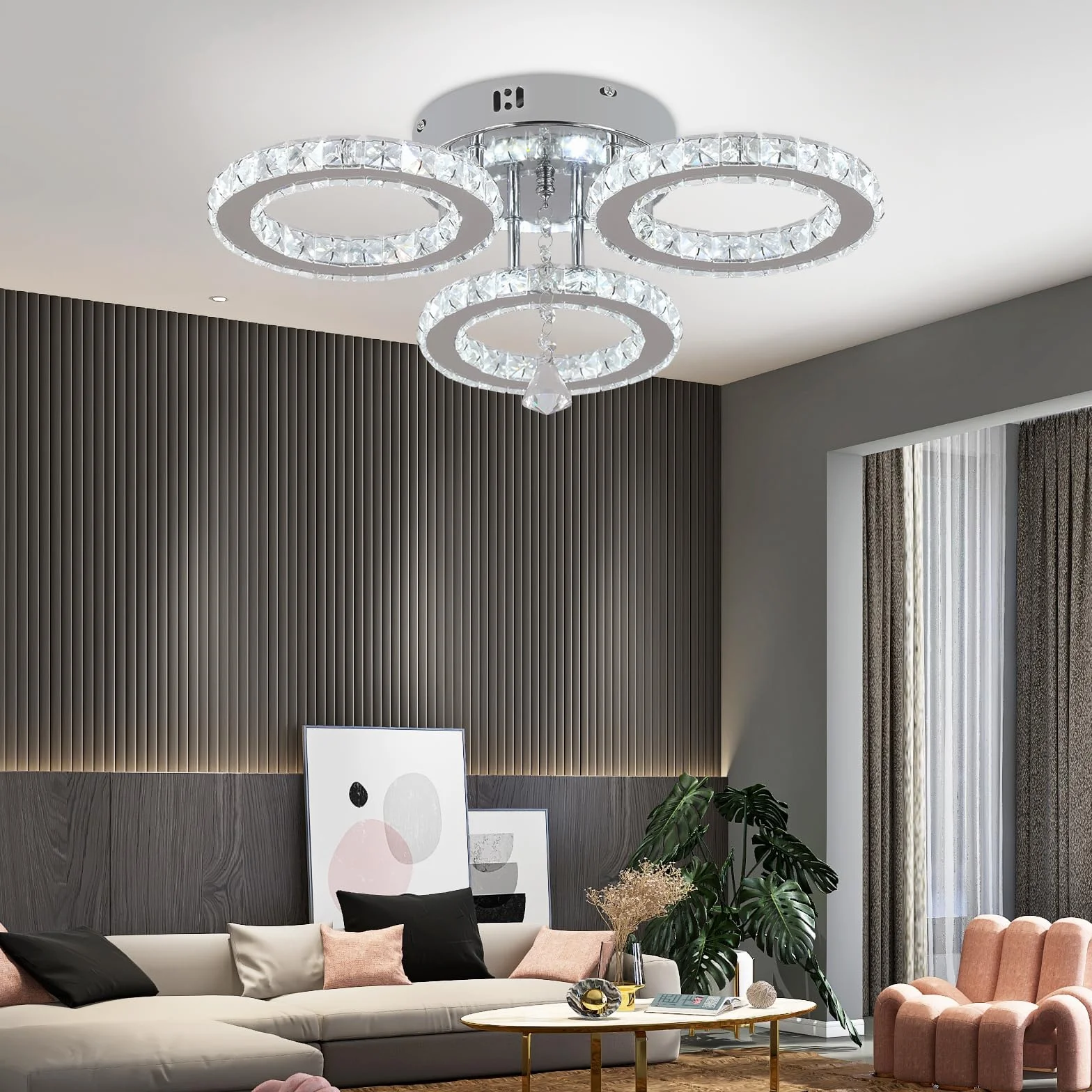 VETRULUS Nowoczesna Lampa Sufitowa LED, Ściemniająca się z Pilotem, Kryształowy Żyrandol do Salonu, Sypialni, Kuchni