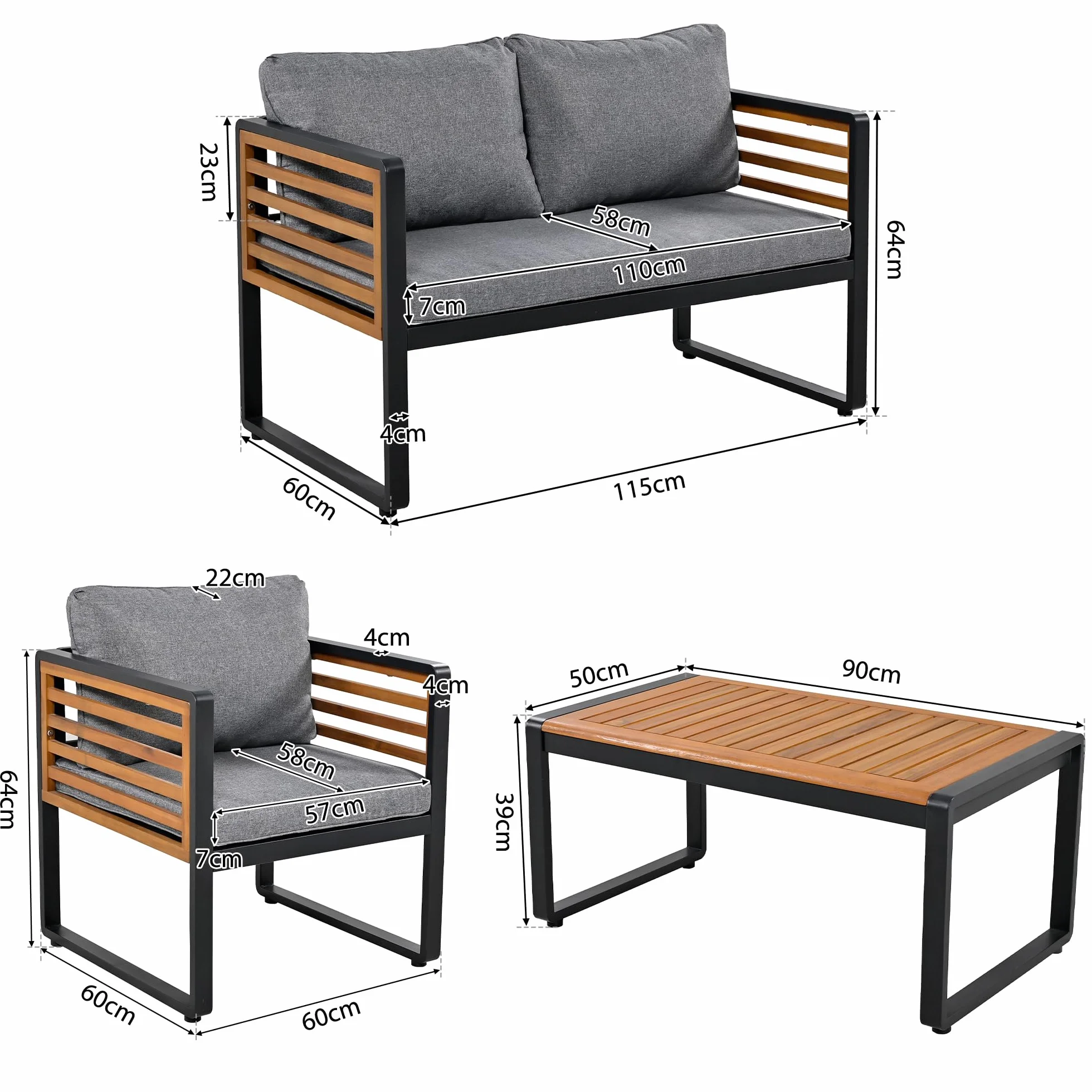 Zestaw mebli ogrodowych z ocynkowaną ramą żelazną, 8-częściowy zestaw stołów do jadalni, 2 x 2-osobowa sofa, 4 pojedyncze krzesła, 2 x stół, dekoracyjne podłokietniki z drewna (szary A, 8