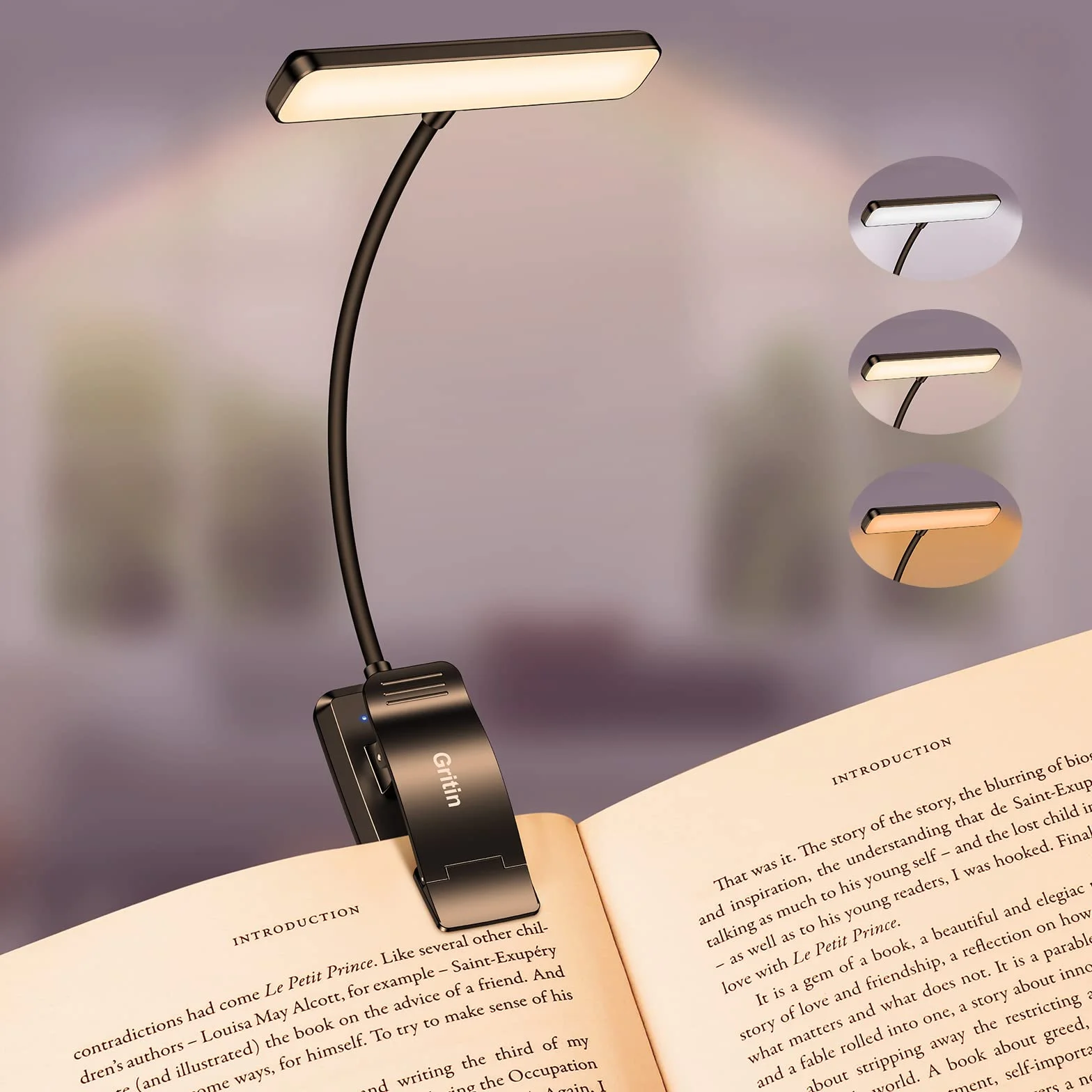 Gritin Lampka do Czytania 19 LED, Ładowana Przez USB, 3 Tryby Temperatury Barwowej, Długa żywotność baterii, Płynna Regulacja Jasności, Elastyczna Lampka Zaciskowa 360° do Czytania w Łóżku
