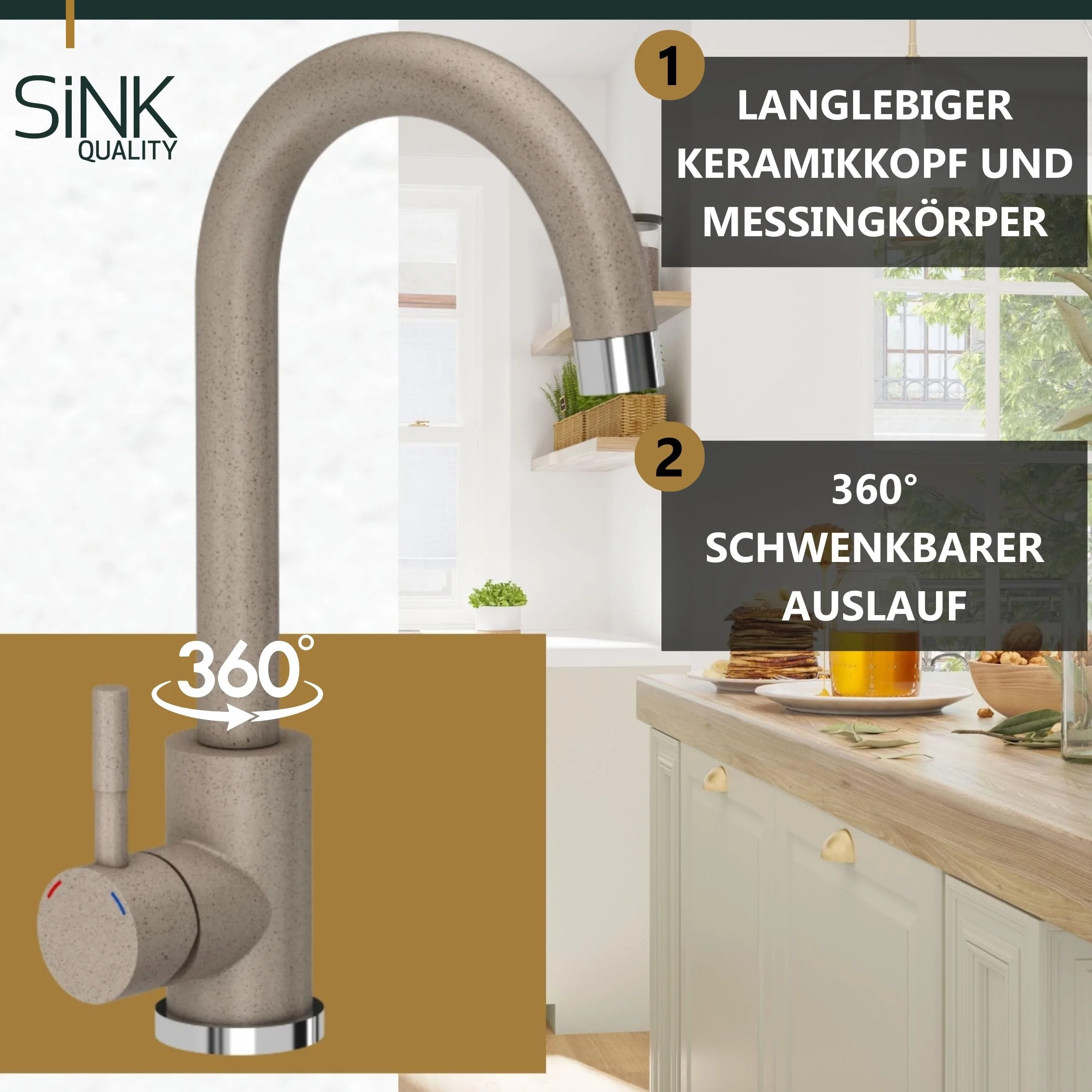 SINK Quality zlewozmywak beżowy z armaturą zestaw 62 x 46 – zlewozmywak z kranem, syfon, push, ociekacz, środek impregnujący – kompletny zestaw do szafki pod umywalkę 55