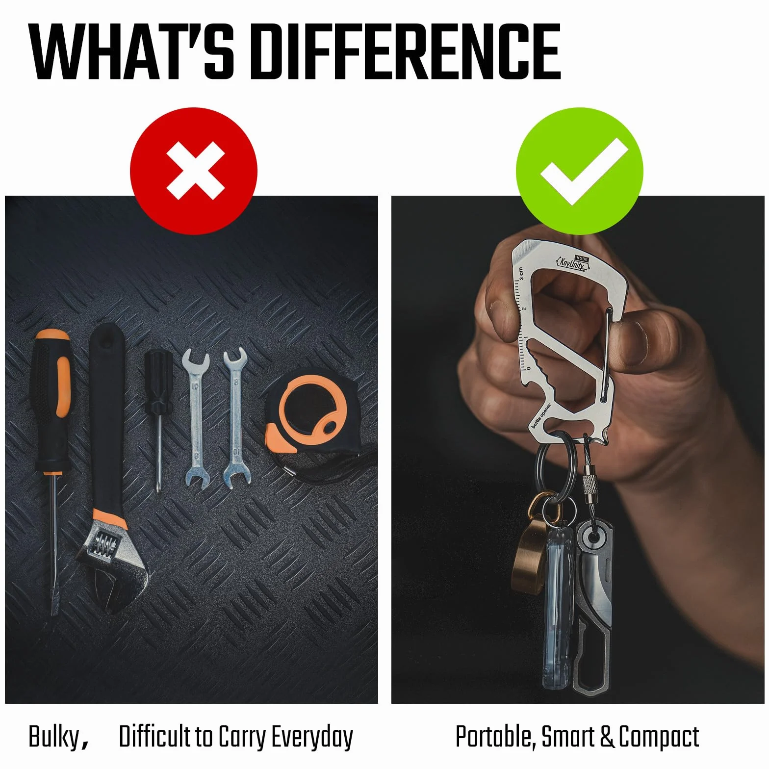 KeyUnity KS00 breloczek do kluczy, karabińczyk, stal nierdzewna, narzędzie wielofunkcyjne, 7 w 1, szybkie zamknięcie, klucz, śrubokręt, otwieracz do butelek, linijka, KS00