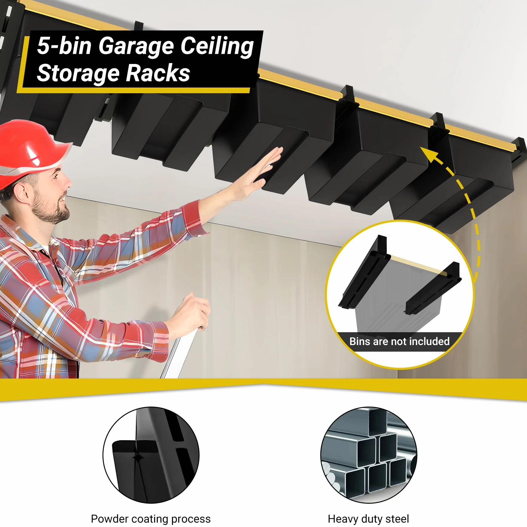 5-bin Overhead Garage Storage Rack, wytrzymałe sufitowe stojaki do przechowywania, powlekany proszkowo, do garaży, szop, magazynów (6 szt., na 5 pojemników)