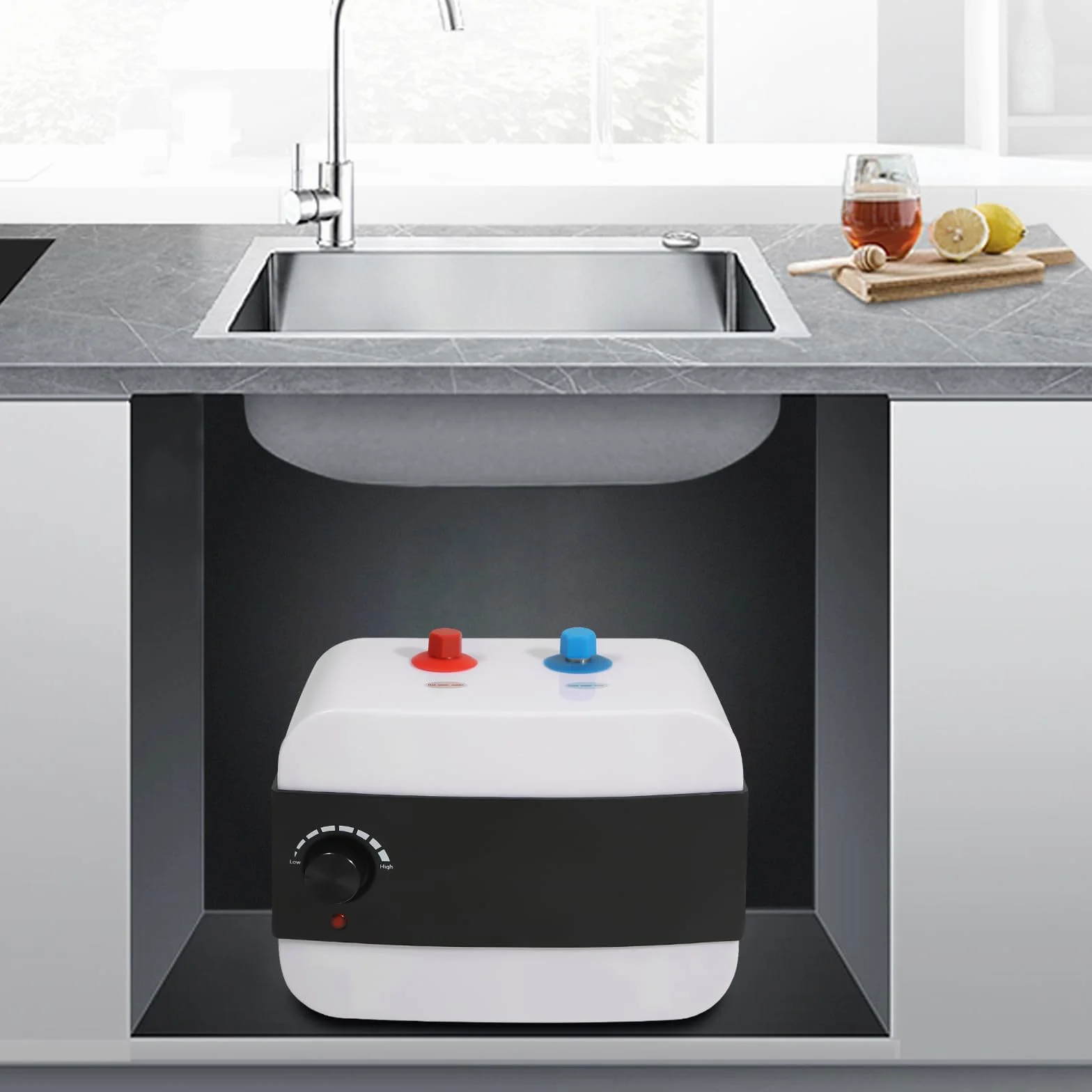 MINRS Elektroniczny podgrzewacz wody 6 l, mini podgrzewacz przepływowy 1500 W, 220 V, prysznic z regulacją temperatury 30-65°C, różne zabezpieczenia do kuchni, domu, łazienki