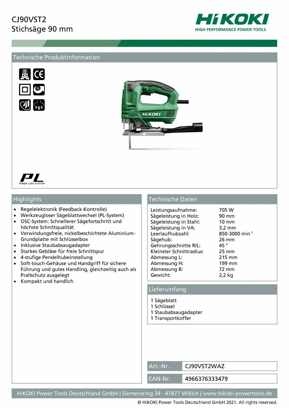 HiKOKI Stichsäge CJ90VST2 (705W, 26 mm Sägehub, Regelelektronik, PL-System, 4-stufige Pendelhubeinstellung, Zubehör, inkl. Sägeblatt)