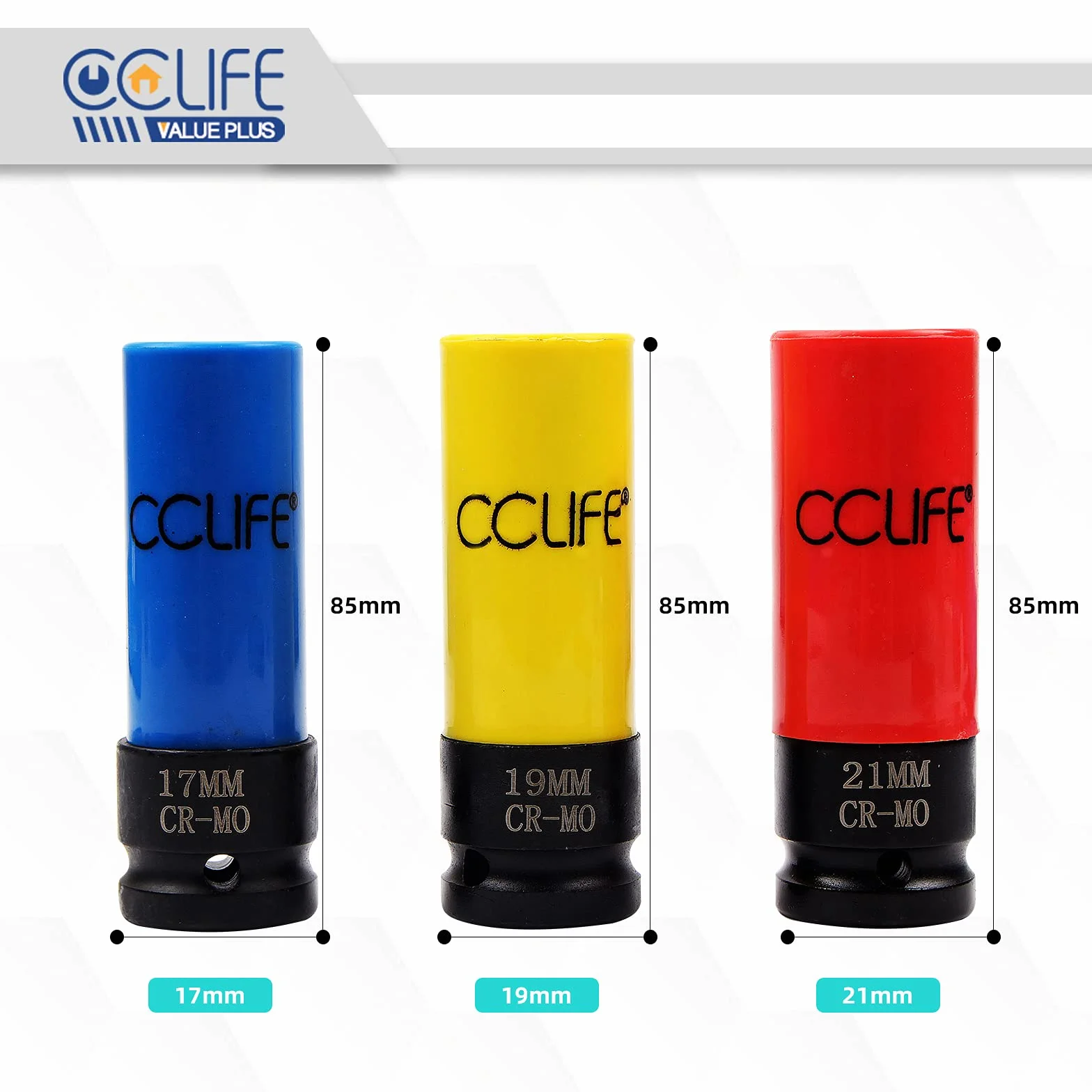 CCLIFE 1/2" Nasadki udarowe 17-19-21mm Zestaw kluczy nasadowych udarowych 85mm Długość, śruby koła 3szt