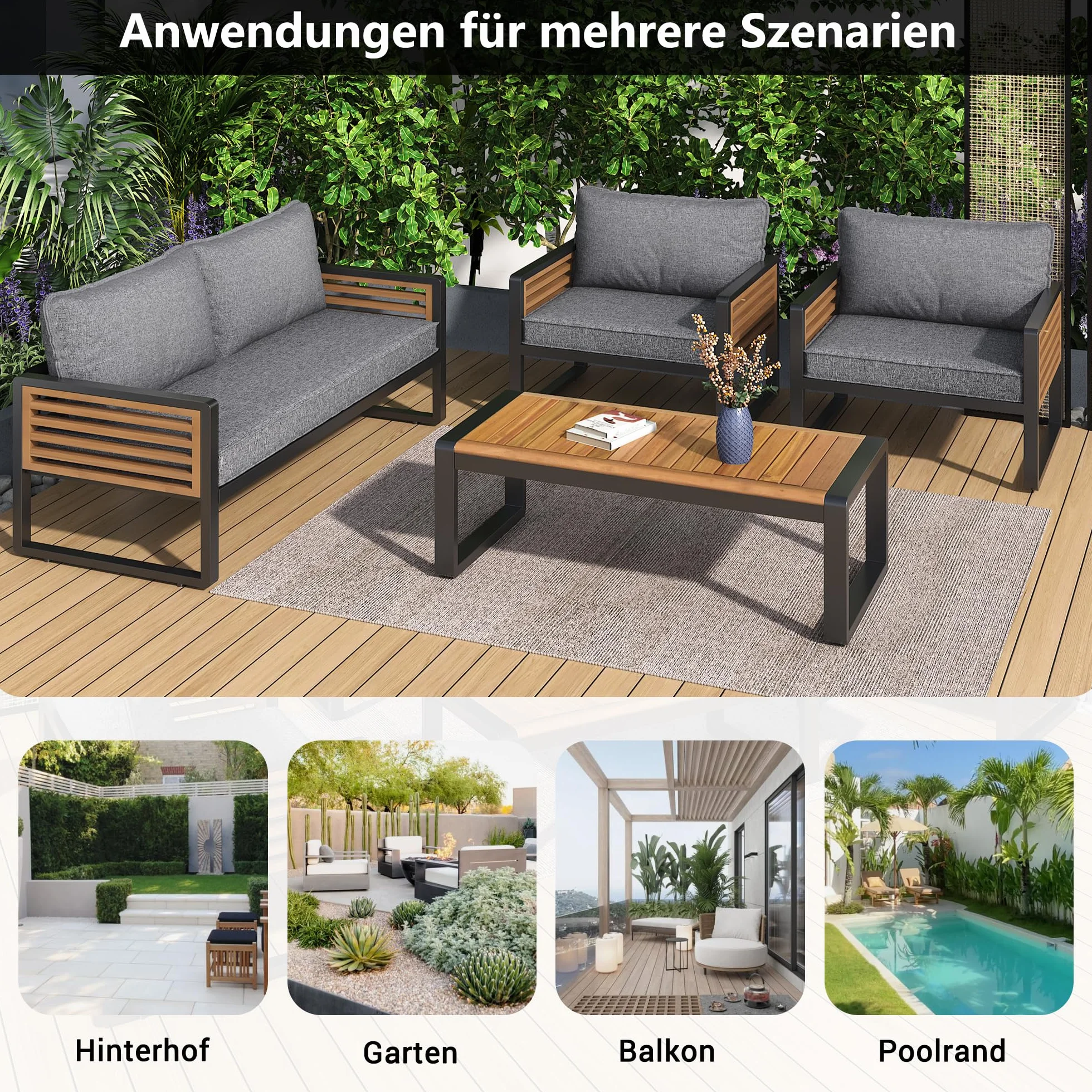 Zestaw mebli ogrodowych z ocynkowaną ramą żelazną, 8-częściowy zestaw stołów do jadalni, 2 x 2-osobowa sofa, 4 pojedyncze krzesła, 2 x stół, dekoracyjne podłokietniki z drewna (szary A, 8