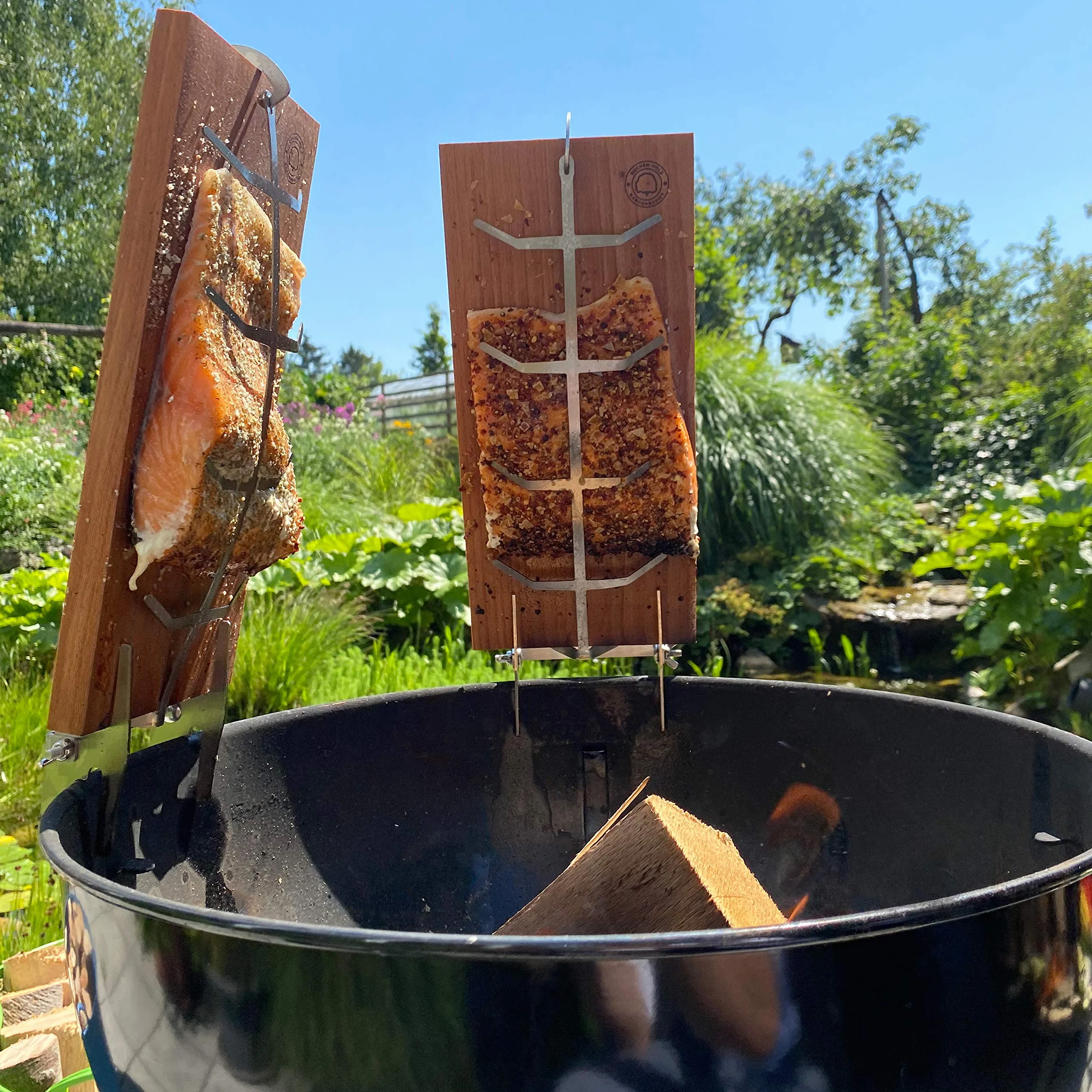 Bargen Deski do grillowania łososia ze stabilnym uchwytem ze stali nierdzewnej 32 x 15 cm – akcesoria do palenisk i grilla kulowego (zestaw 2 szt.)