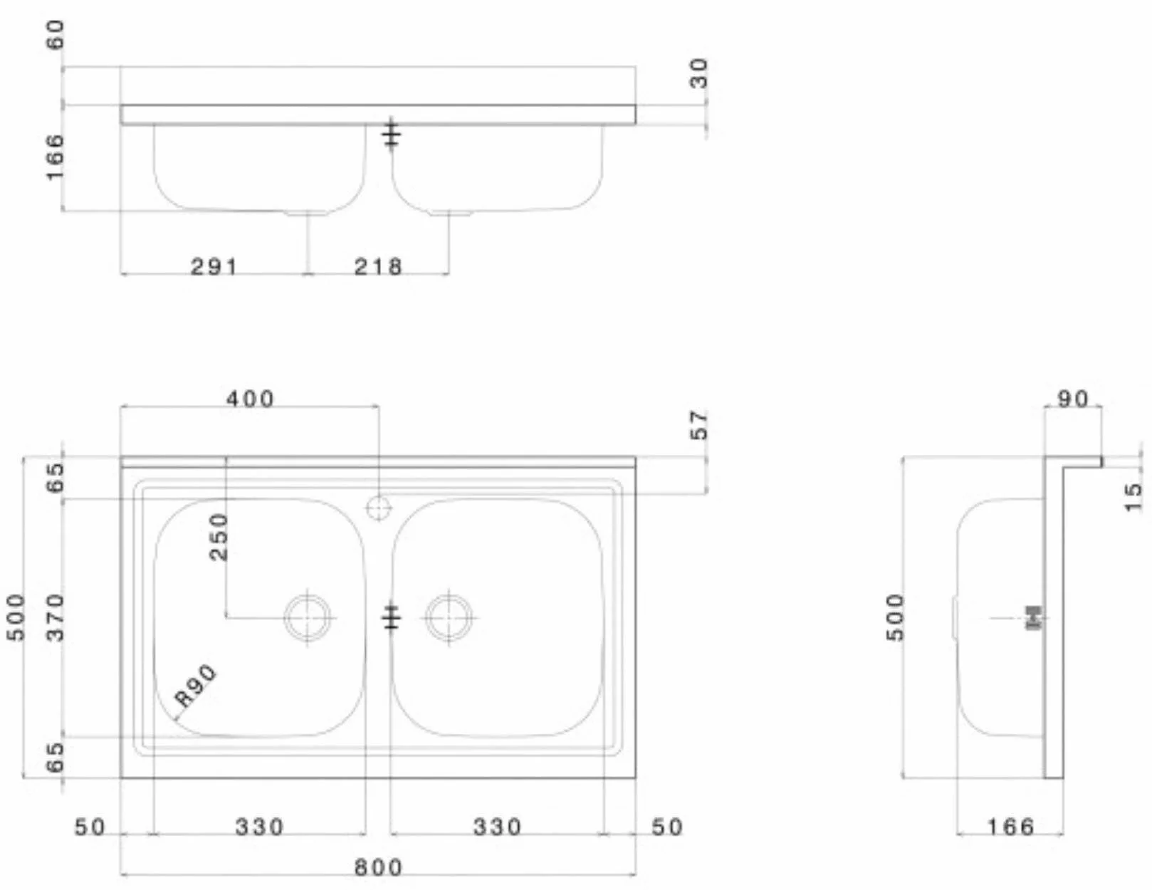 Negrari Wanny ze stali nierdzewnej 80502P 2 umywalki kuchenne ze stali nierdzewnej rozmiar 80 x 50 wys. 16,6 cm z samoczyszczącym syfonem z przelewem