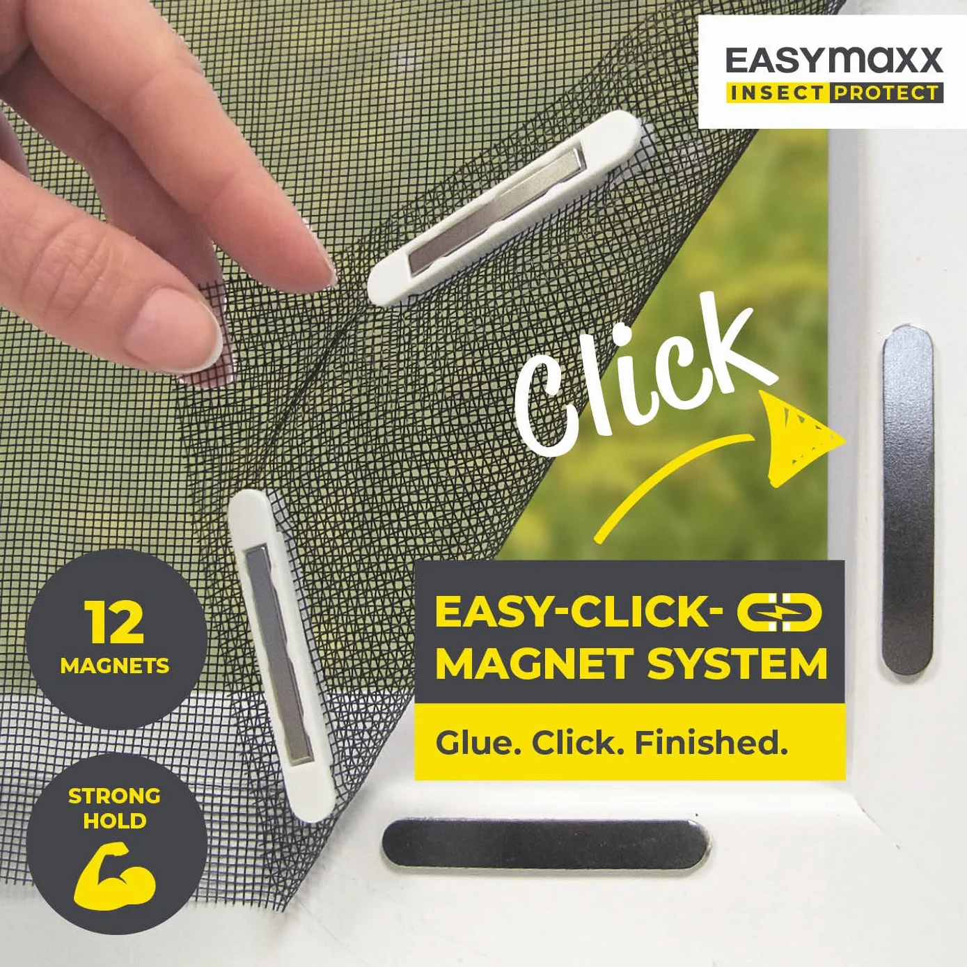 EASYmaxx Moskitiera do okien z Magic Click | Przycinana na wymiar do wszystkich okien o wymiarach do 130 x 150 cm | Łatwy montaż za pomocą 12 magnesów - bez wiercenia i przykręcania [Czarny]