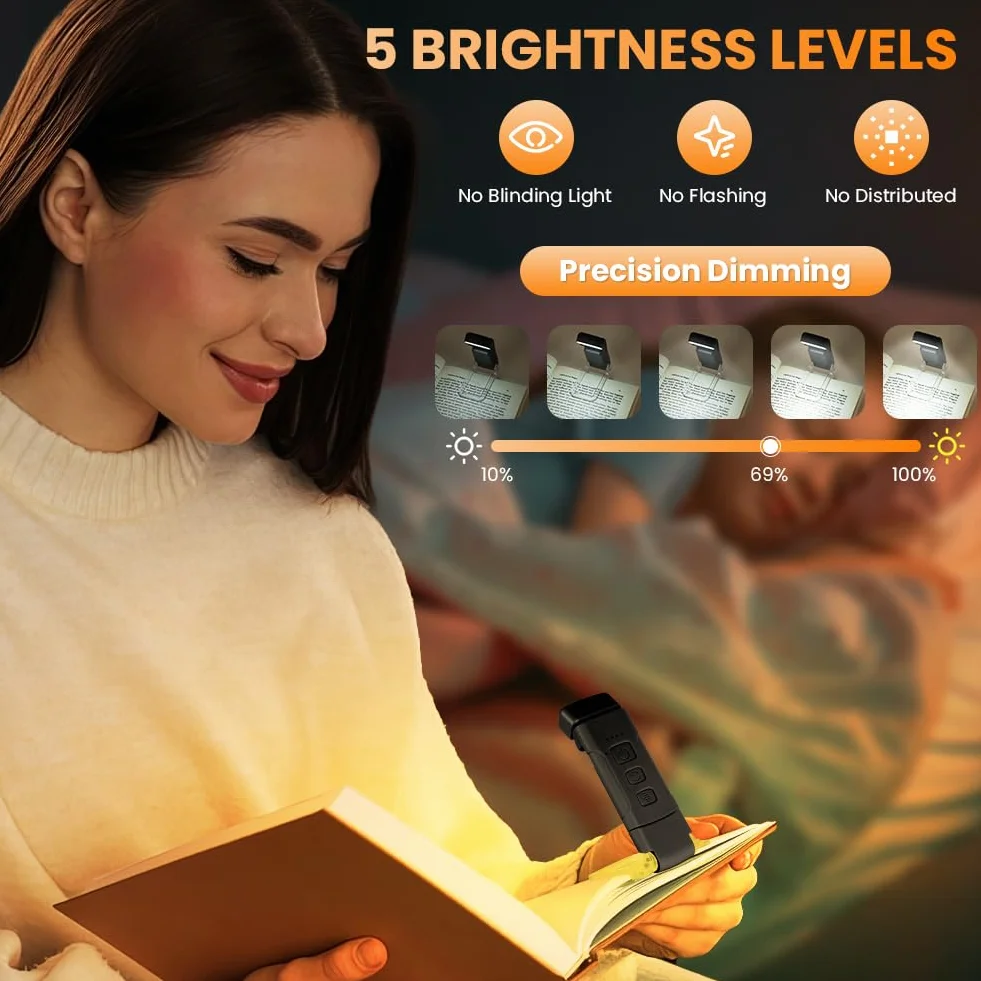 Lampka do czytania, lampka do czytania, klips do książki, 3 kolory, 5 jasności i ładowanie przez USB, długa żywotność do 80 godzin, przenośna mini lampka LED dla miłośników książek, czarna