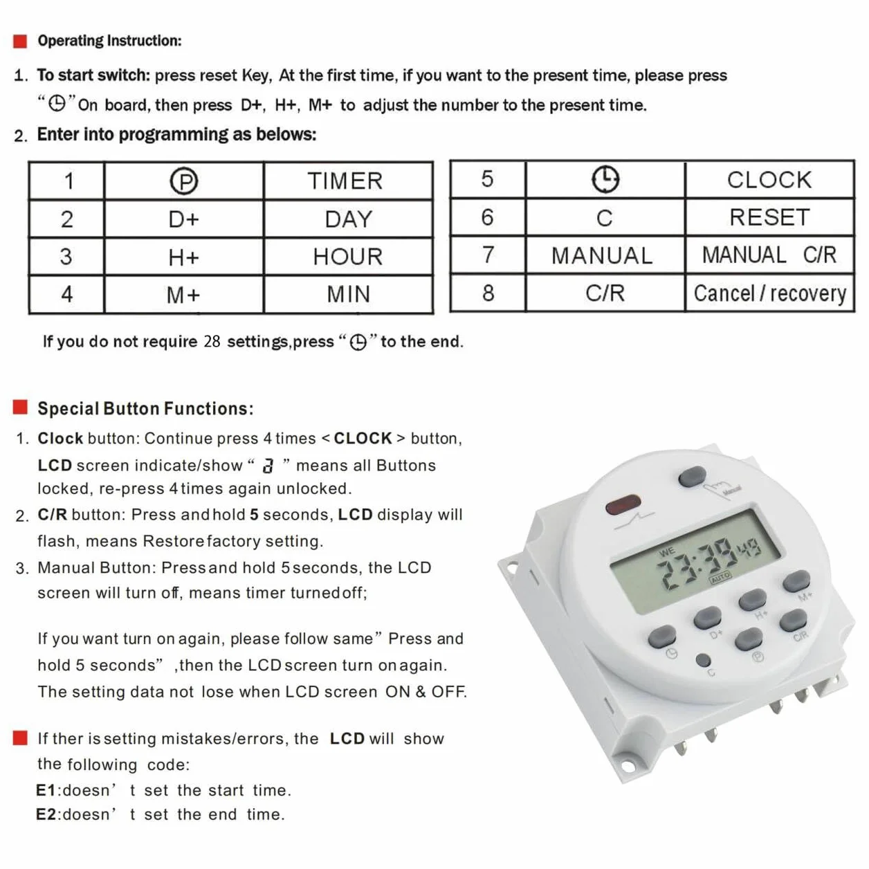 Baomain CN101A Programowalny przekaźnik czasowy, wejście 12 V DC/AC, wyjście 200-250 V 16 A, wyświetlacz LCD, codzienne/tygodniowe