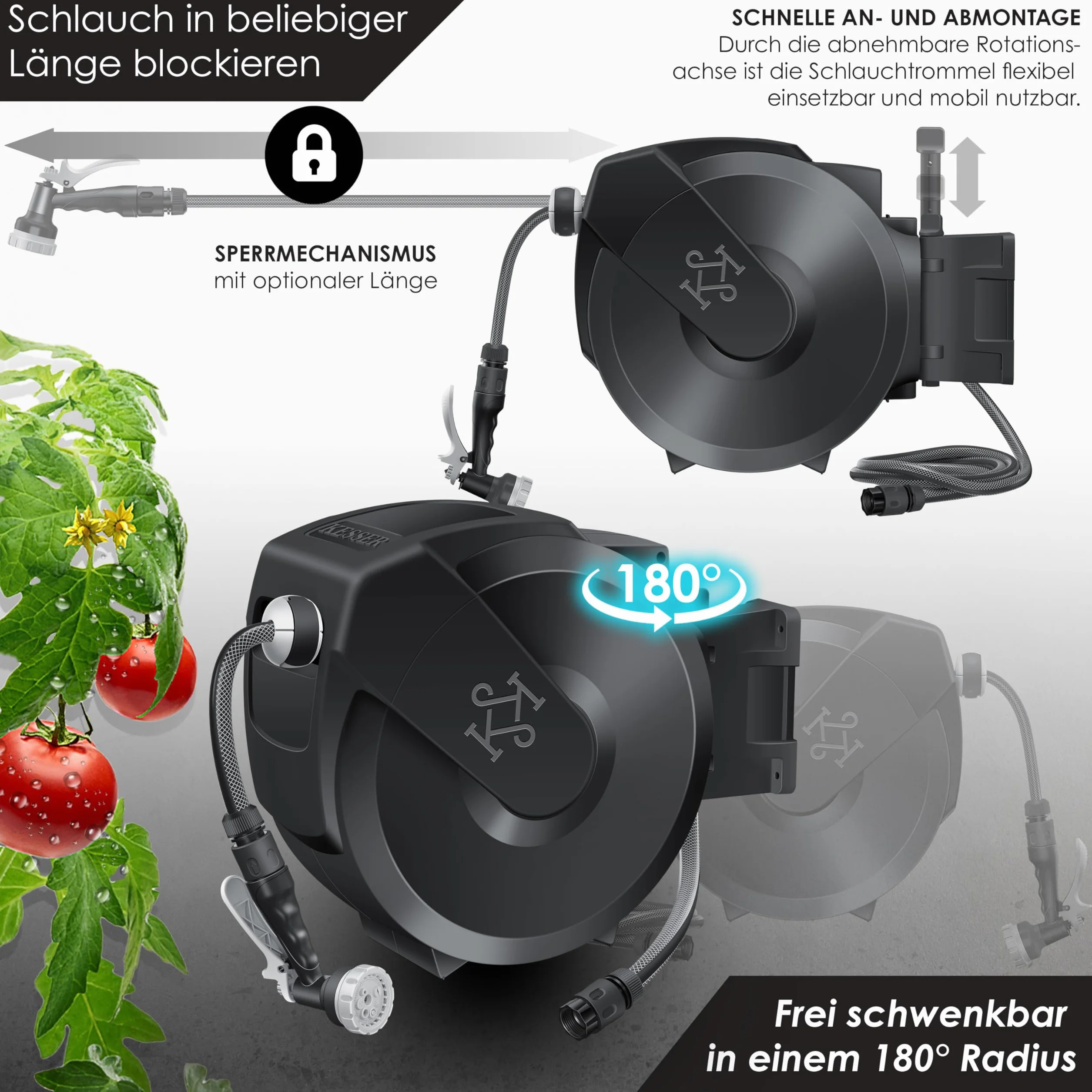 KESSER® Bęben na wąż ogrodowy z wężem ogrodowym 30 m | bęben do węża wodnego do montażu na ścianie | uchwyt ścienny | obracany o 180° i automatyczne zwijanie | pudełko na wąż ścienny w zestawie z 7
