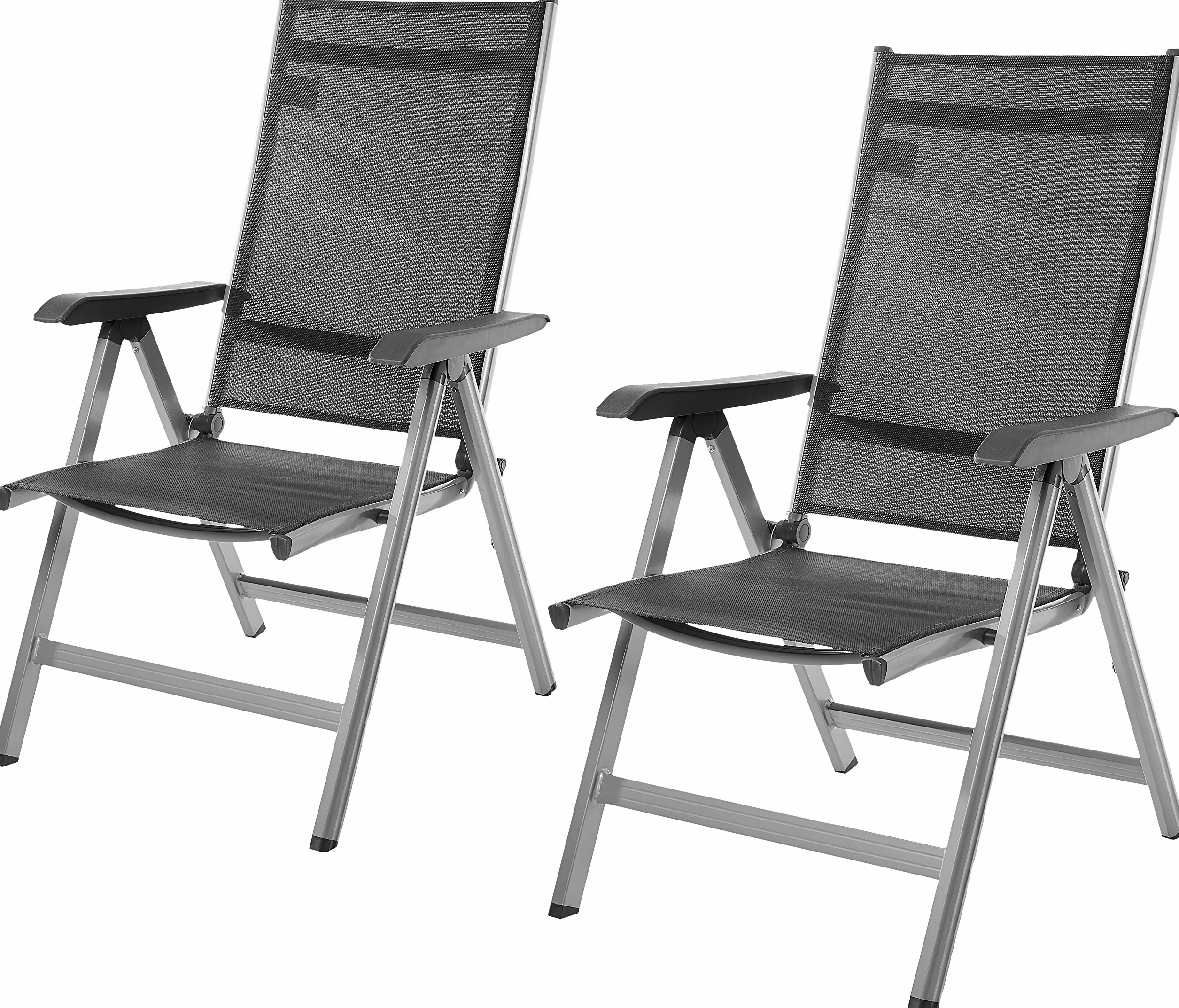 Amazon Basics Składane krzesło ogrodowe z wysokim oparciem, regulowane w 5 pozycjach, z podłokietnikami, na patio i na kemping, 69 x 60,5 x 110 cm (głęb. x szer. x wys.), szare, zestaw 2 sztuk