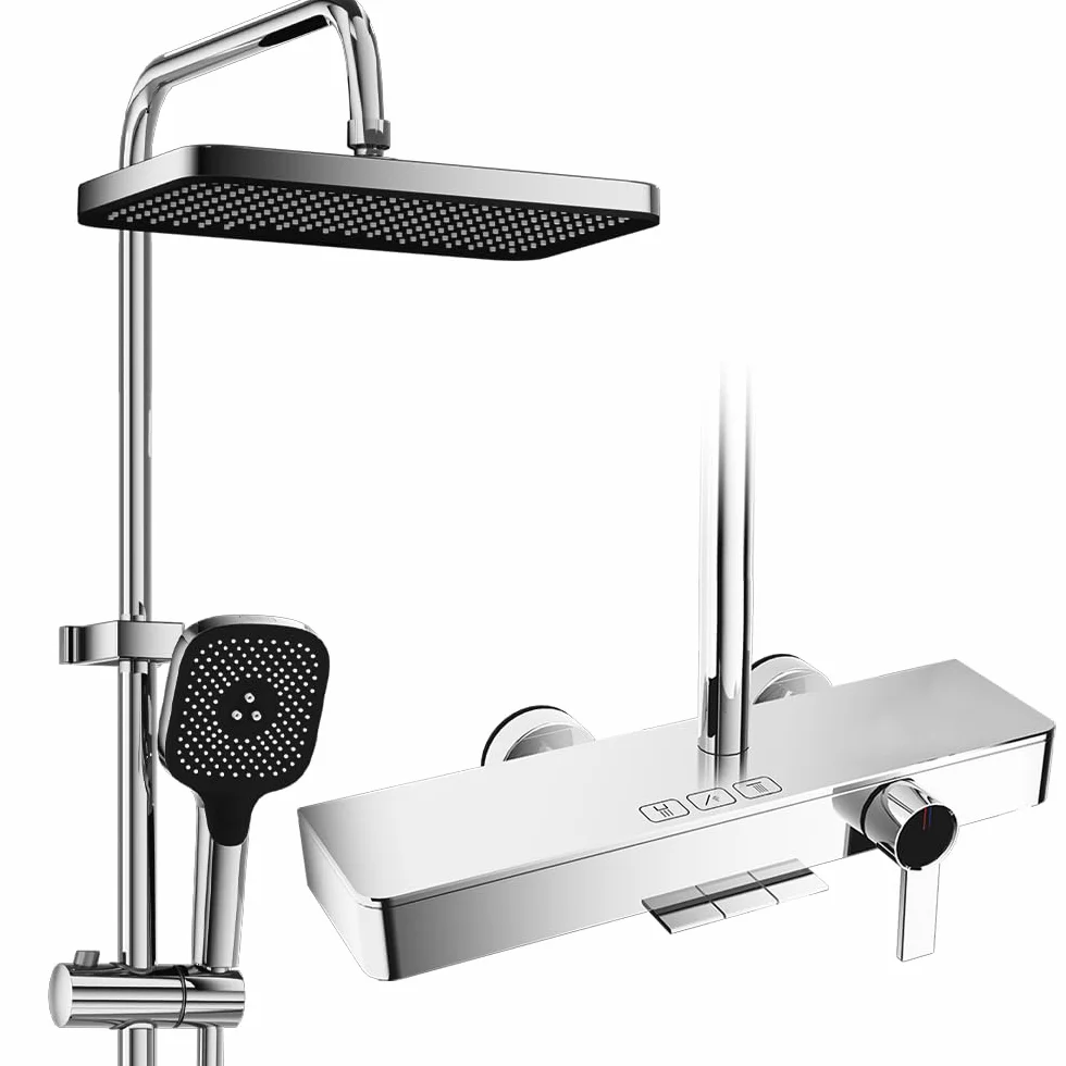 Kolumna prysznicowa z mieszaczem, system prysznicowy z deszczownicą 30 x 20 cm, prysznic ręczny 4 rodzaje strumienia, ukryta wylewka do wanny, chrom