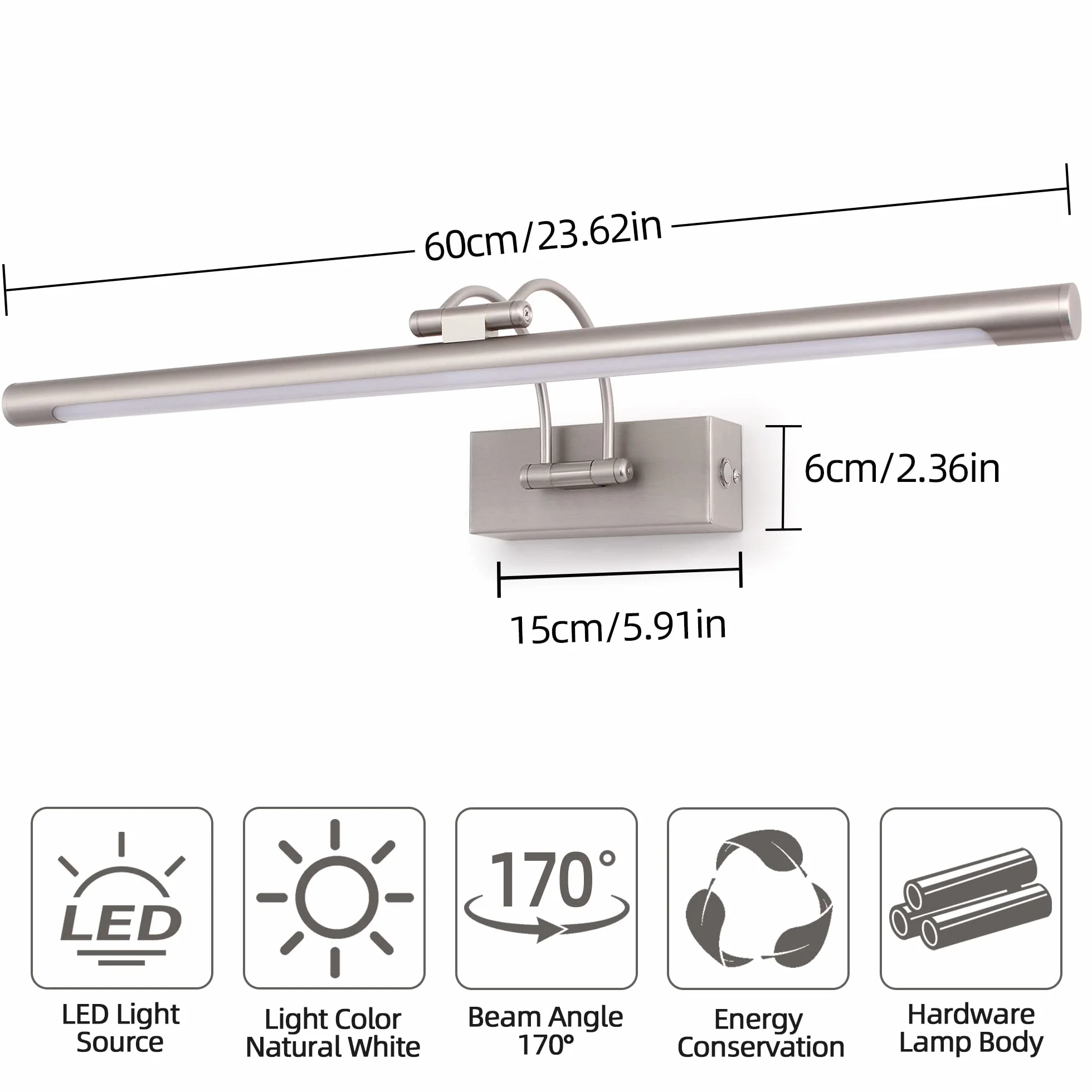 Lampa łazienkowa LED 60cm 15W 3 regulowane temperatury barwowe + ściemniacz ciągły Lampa stołowa LED z obrotową głowicą Lampa ścienna z ramieniem łukowym Lampa lustrzana
