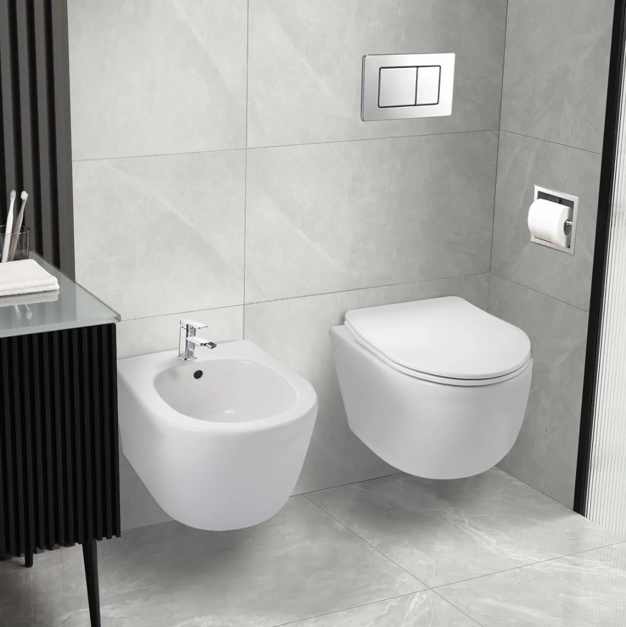 Bidet podwieszany z zestawem montażowym, ceramiczny, miejsce na baterie, odpływ przelewowy, AROX WC biały