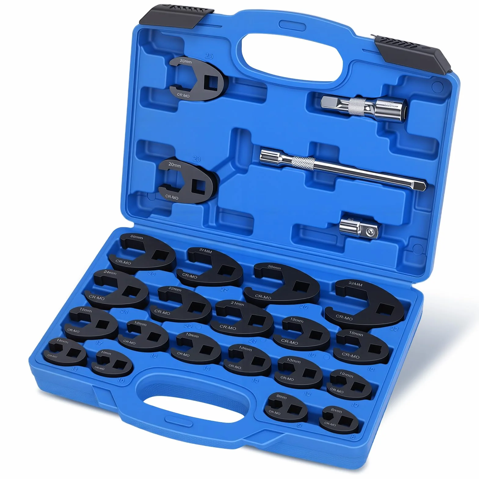 Yosoo Health Gear 24-częściowy zestaw kluczy kroplowych Crowfoot 8 mm do 32 mm, zestaw kluczy do łapy kurzych z przedłużeniem 1/2 i 3/8 cala do ograniczonych przestrzeni