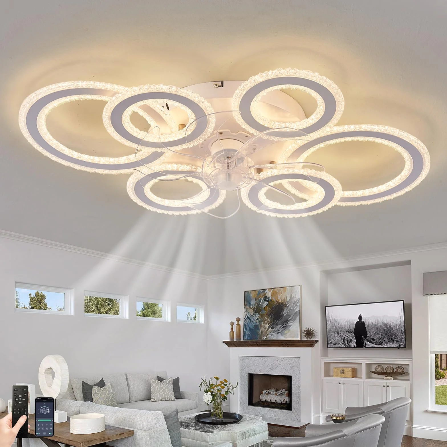 Lampa Sufitowa LED z Wentylatorem 29,9in Przyciemnianie Pilot Cichy 6-biegowy Odwracalny Biały