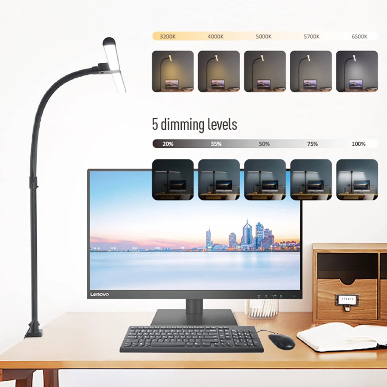 Architekt Lampa biurkowa, LED lampa biurkowa, Clip on Light 24W 5Tryby kolorów 5Ściemnialne elastyczne światło zaciskowe gęsiej szyi Pilot zdalnego sterowania biurowego stołu roboczego