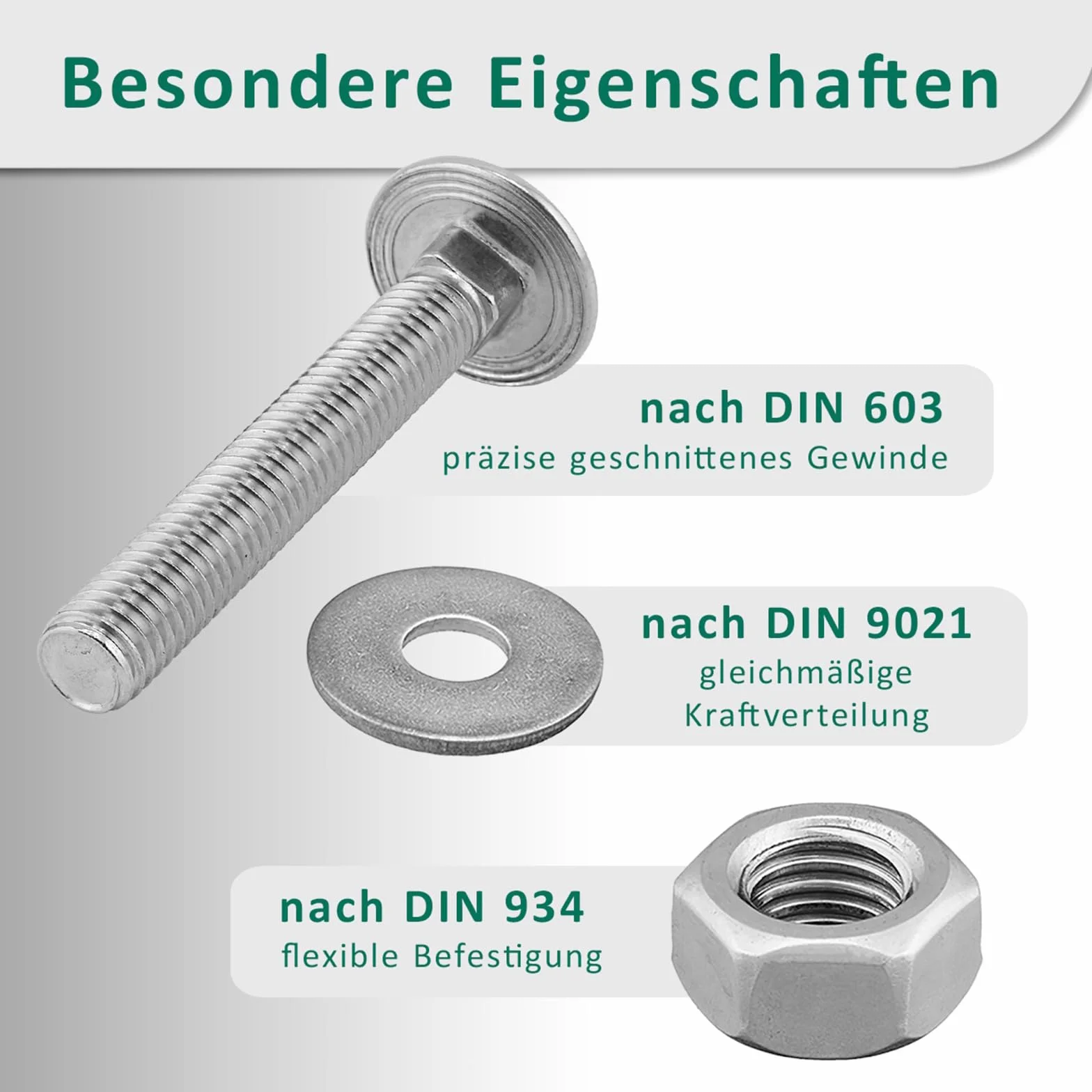 DSM ? Śruby zamkowe M12 x 80 mm zgodnie z DIN 603 ? w zestawie nakrętka sześciokątna M12 DIN 934 i podkładka DIN 9021 ? Stal nierdzewna A2/V2A ? Śruby z łbem płaskim z nasadką czworokątną ? 5 sztuk