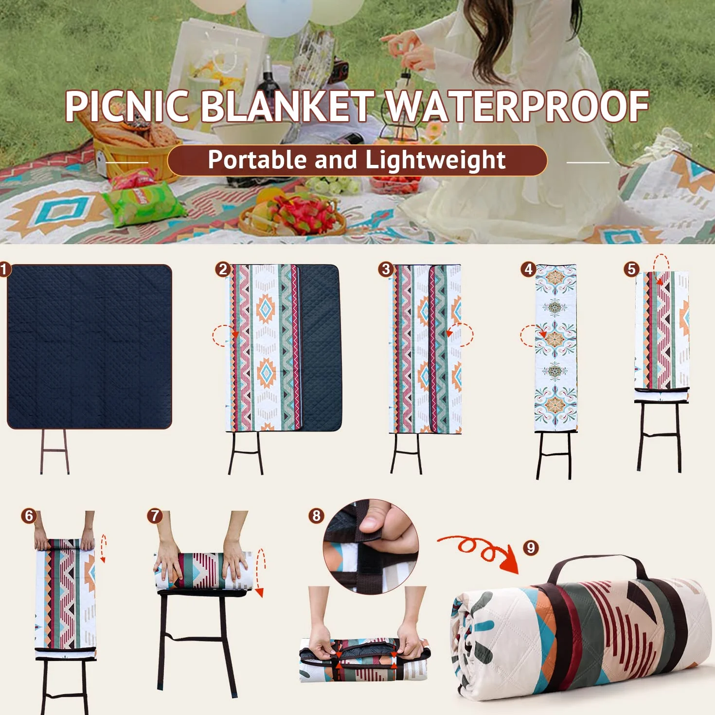 LARUTAN Koc piknikowy w stylu boho, 200 x 200 cm, bez piasku, przenośny, nadaje się do prania, podkładka plażowa, koc piknikowy na suchą plażę, BBQ, piknik, wędrówki, podróże, koc kempingowy, zielony