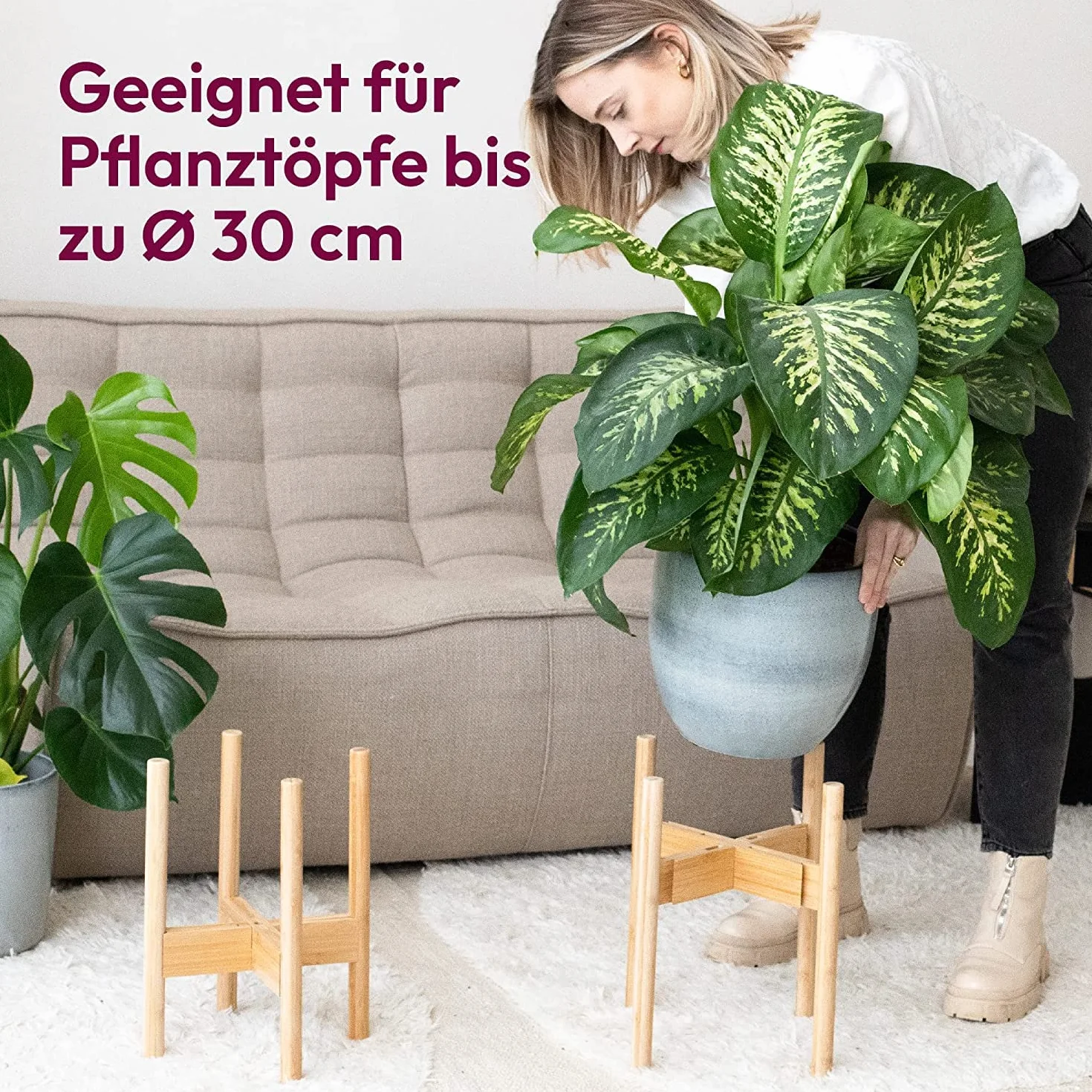 Gadgy Stojak na kwiaty drewniany | Zestaw 2 sztuk Bambusowy Stojak na rośliny | Regulowany stojak na doniczki z kwiatami do Ø 30 cm.