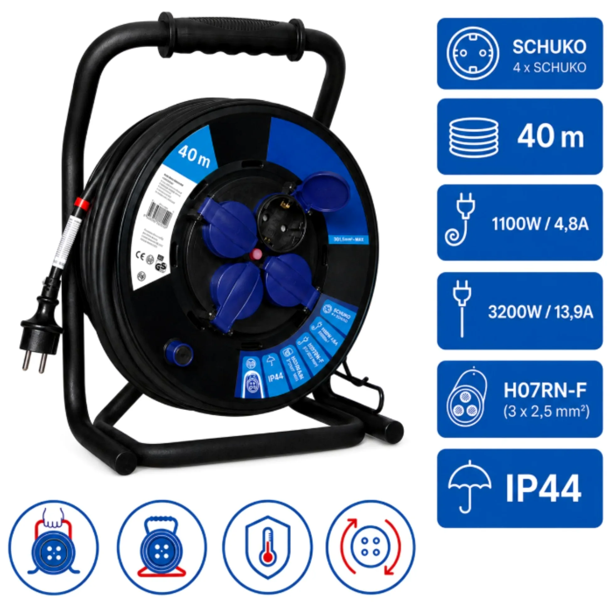 Przedłużacz Bębnowy 40m - 4 Gniazda Schuko IP44 Olejoodporny Kabel H07RN-F 3x2,5 mm² Wyłącznik Termiczny System Anti-Twist Stojak Cube Ogród Warsztat Garaż