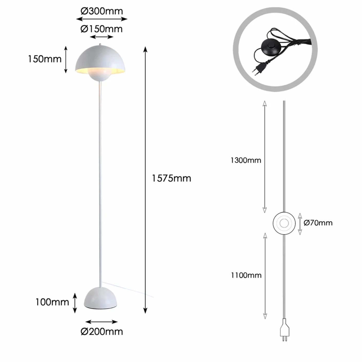 Alpinaluz Stalowa lampa podłogowa z wypukłym kloszem, styl skandynawski i retro, pośrednie oświetlenie skierowane w dół, gniazdo E27, przełącznik nożny, do salonu lub sypialni, biała