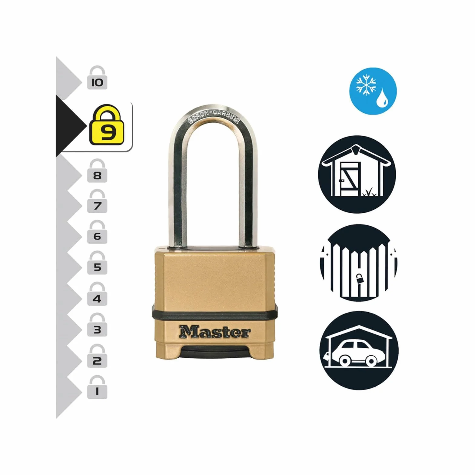 MASTER LOCK Kłódka o wysokim poziomie bezpieczeństwa 9/10, na zewnątrz, kombinacja, cynk, odporna na warunki atmosferyczne, Xlong szekla