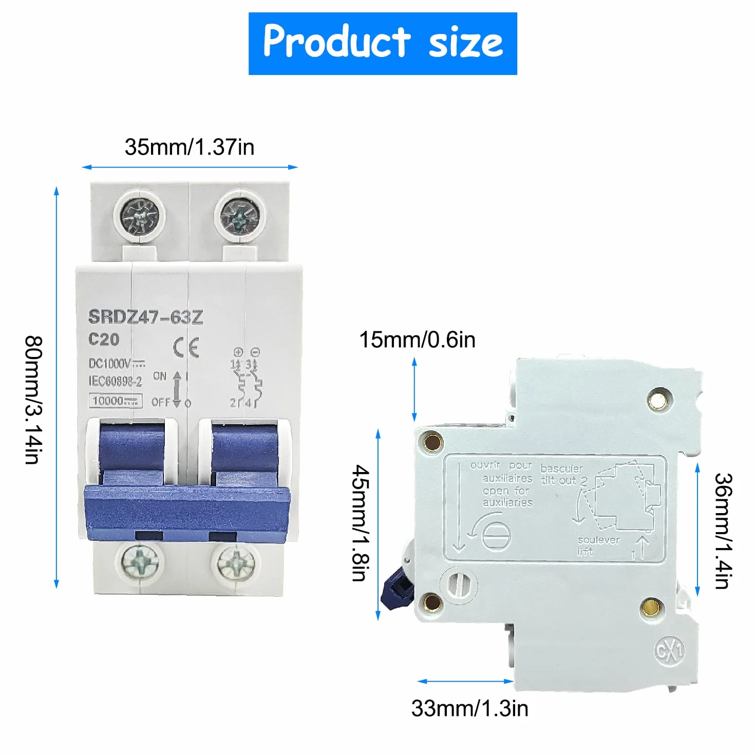 Wyłącznik nadprądowy DC DZ47-63Z PV 2P 1000V 20A