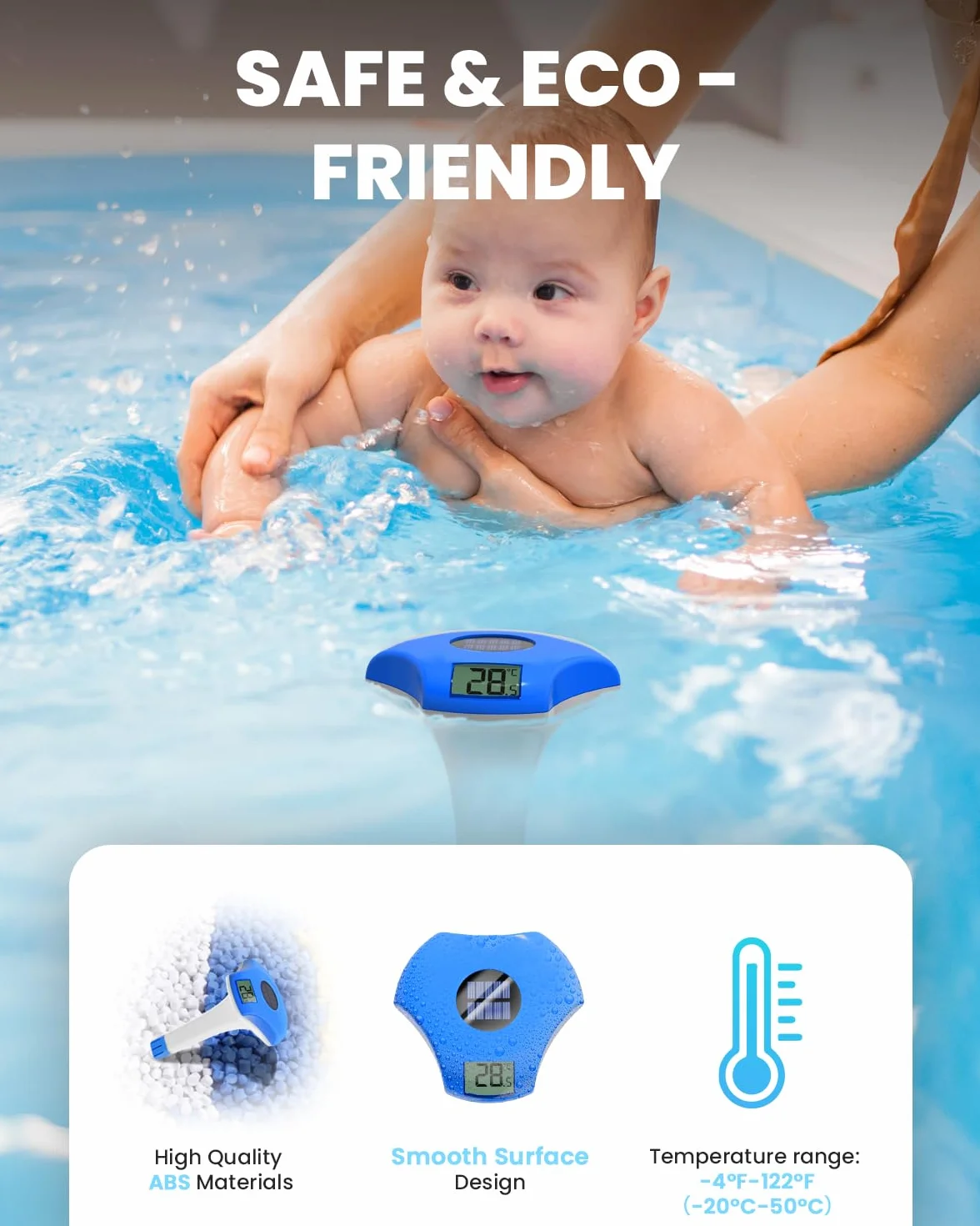 BALDR Pływający termometr basenowy, wodoszczelny IPX8, zasilany energią słoneczną, termometr basenowy, nadaje się do basenu/jacuzzi/źródła ciepłej wody/akwarium (ciemnoniebieski)