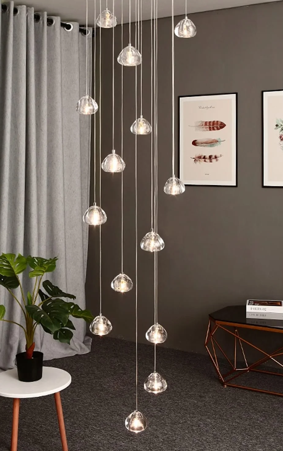 Nowoczesna Lampa Wisząca LED Villa - Żyrandol z Regulacją Wysokości do Jadalni, Przedpokoju, Klatki Schodowej, Salonu, Hotelu - Szklana, Okrągła, 14 Żarówek