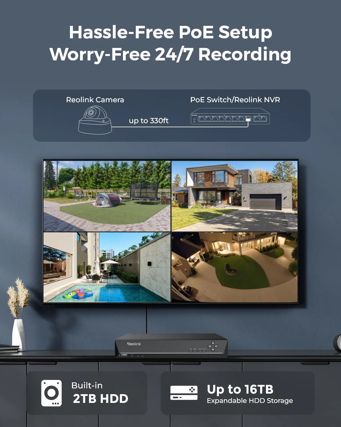 Reolink System nadzoru 12MP PoE, 4 Wandaloodporne Kamery Zewnętrzne IK10, Szeroki Kąt 145°, Kolorowy Noktowizor, Detekcja Ruchu, 2-kierunkowe Audio, 8-kanał NVR z 2TB HDD, RLK8-1200V4