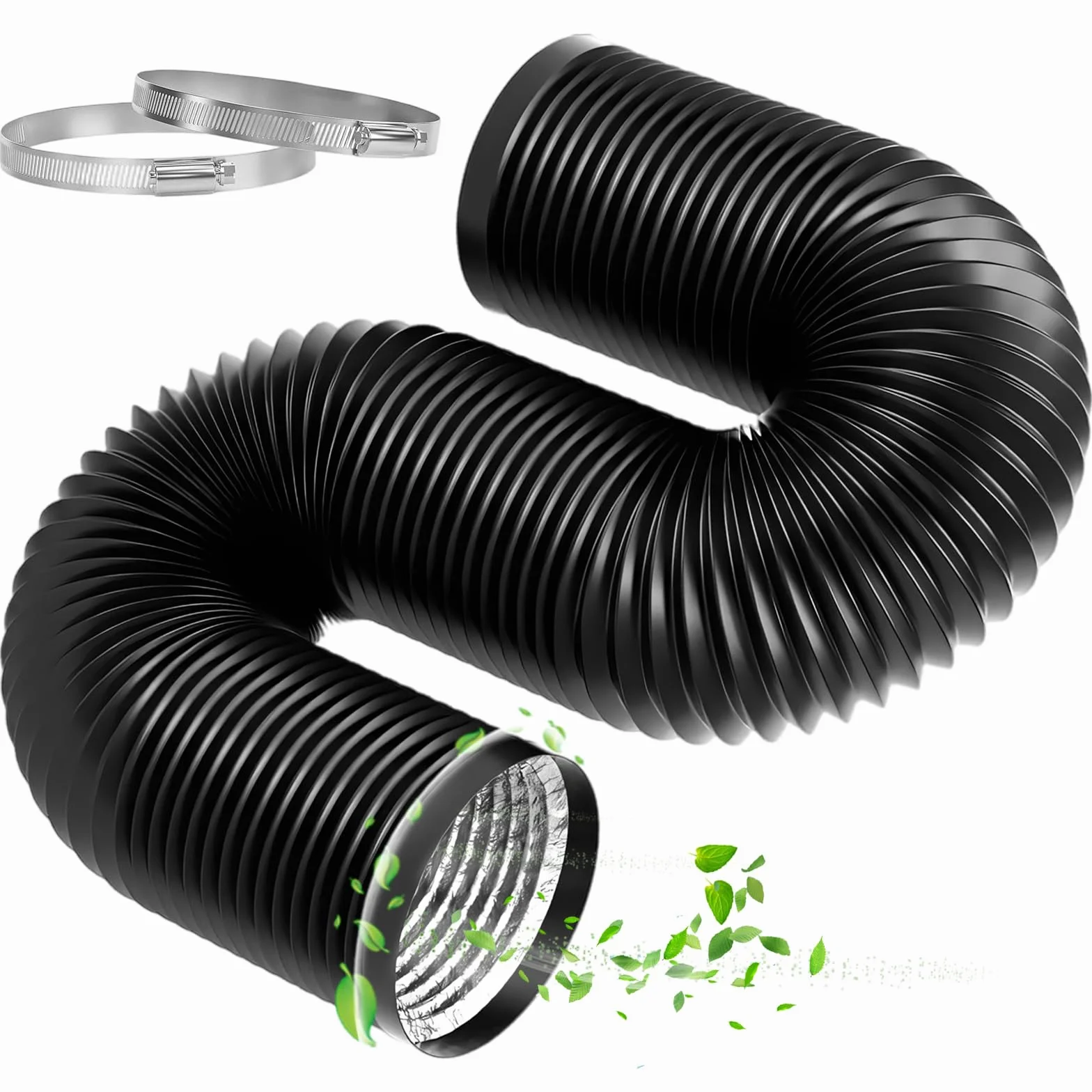 Kanał powietrzny 100 mm z 2 zaciskami ze stali nierdzewnej, 10 cm aluminiowy wąż wentylacyjny z PCW, czarna, elastyczna rura kanałowa do uniwersalnej suszarki bębnowej, wentylatora, okapu kuchennego i