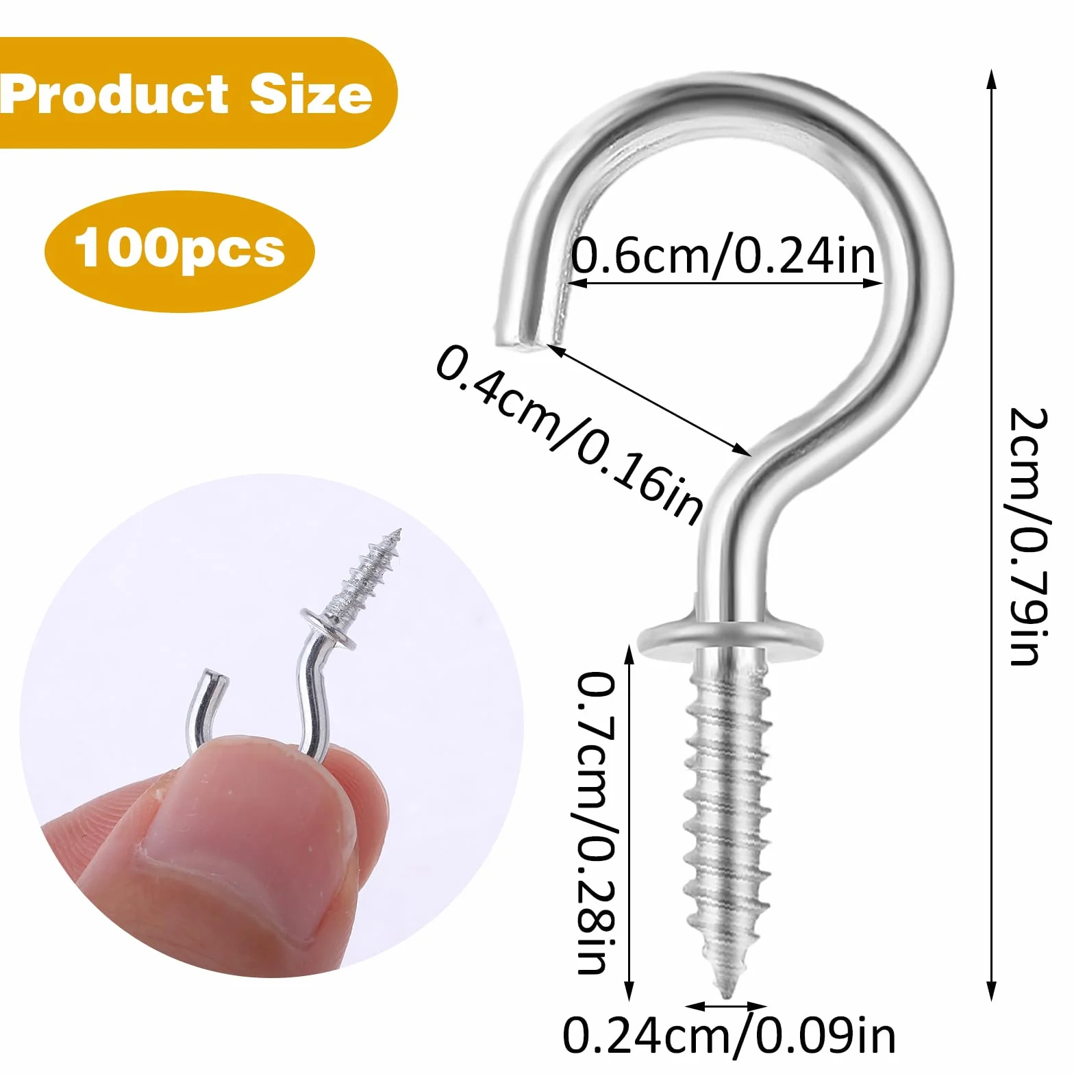 Amaxiu Opakowanie 100 haczyków wkręcanych, małych, haczyków sufitowych z metalowym 2 cm, mini haczyków sufitowych wkręcanych, roślin wiszących, ozdób artystycznych, kubków, dekoracji świątecznych