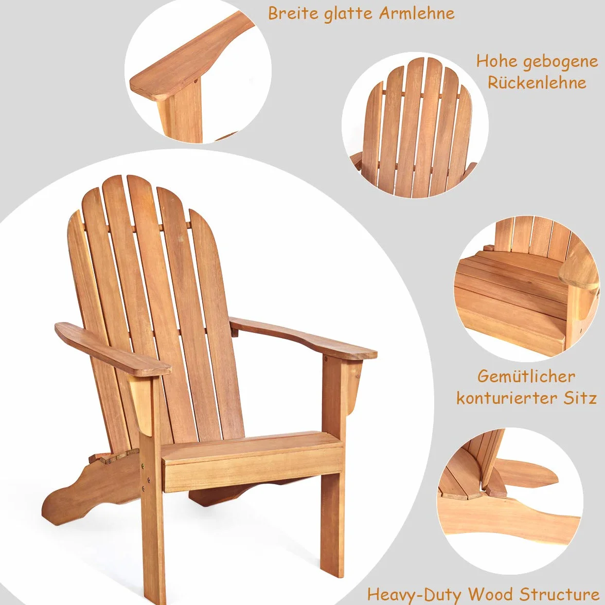 COSTWAY Adirondack krzesło ogrodowe z drewna akacjowego, fotel ogrodowy, nośność 160 kg